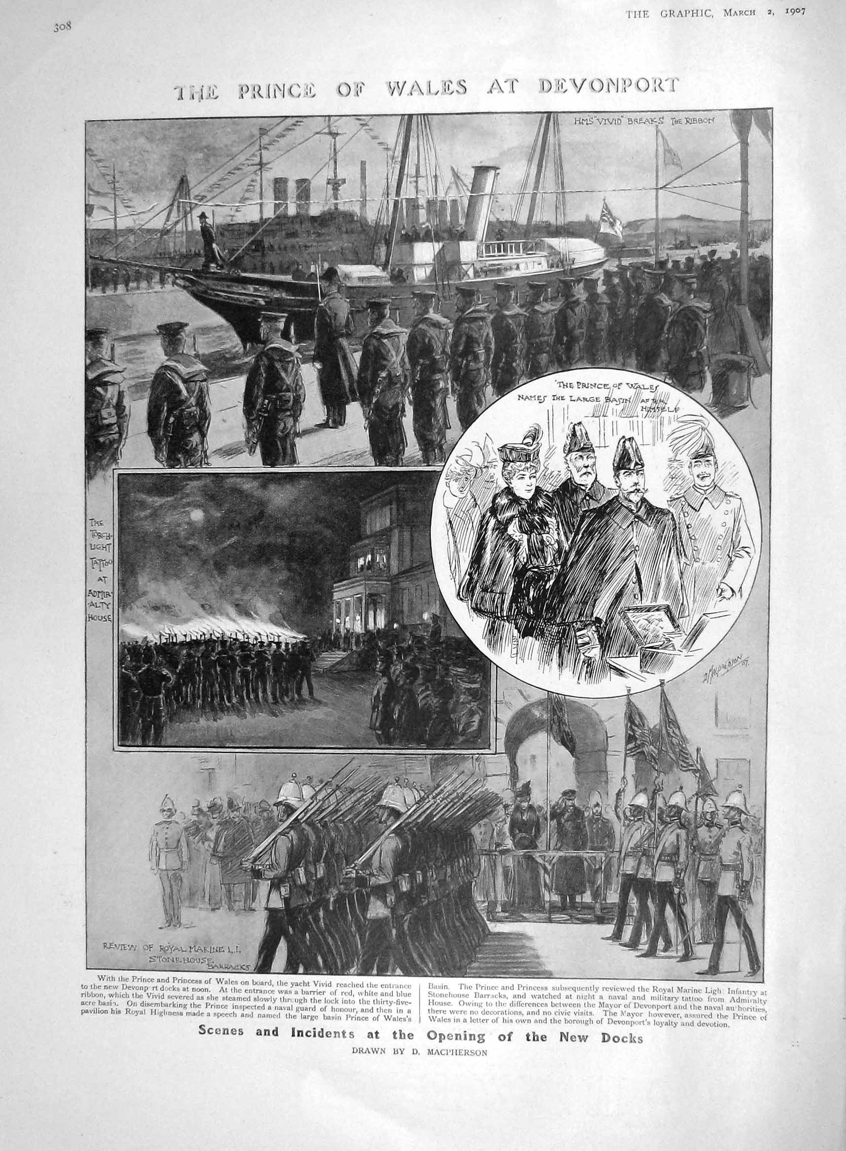 Old Antique Print 1907 Prince Wales Devonport Docks Ship Barlow Jackson 20th