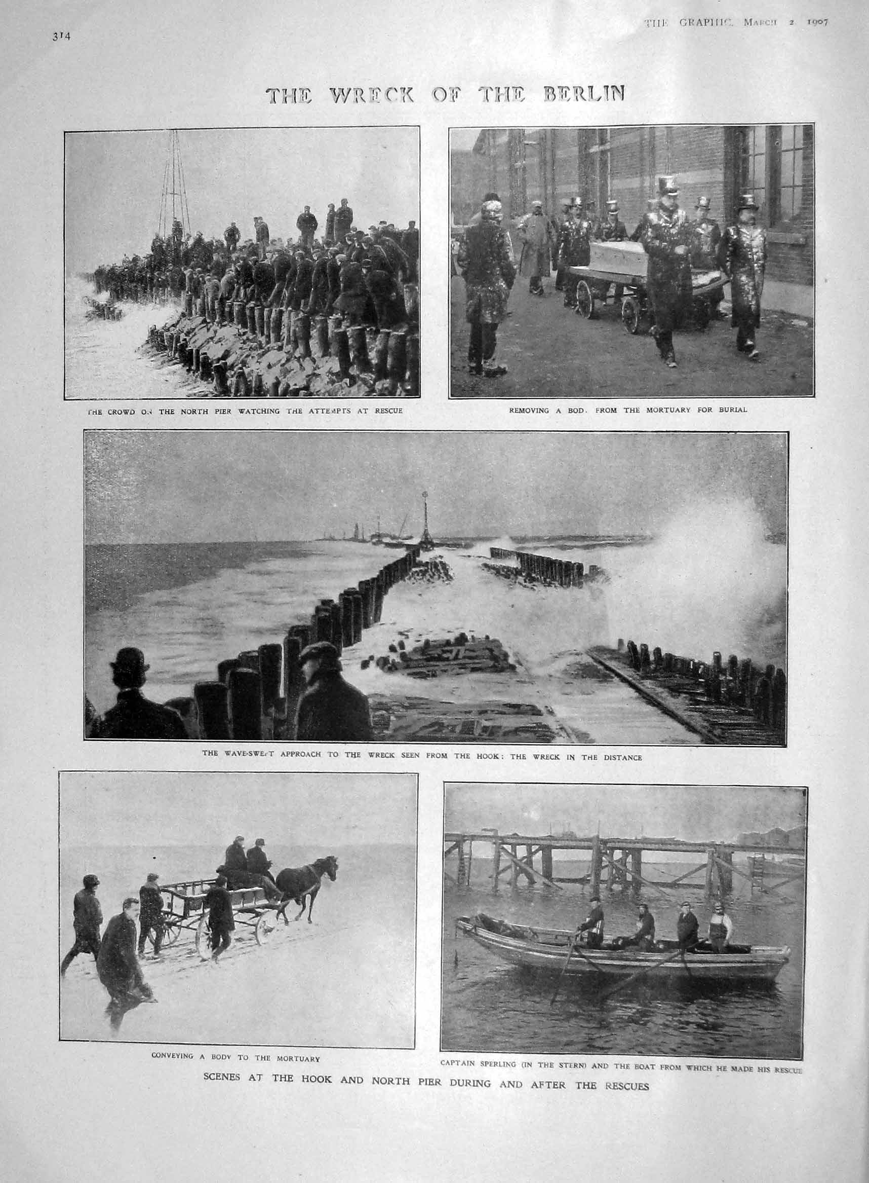 Original Old Antique Print 1907 Wreck Ship Berlin Captain Sperling Clacton 20th