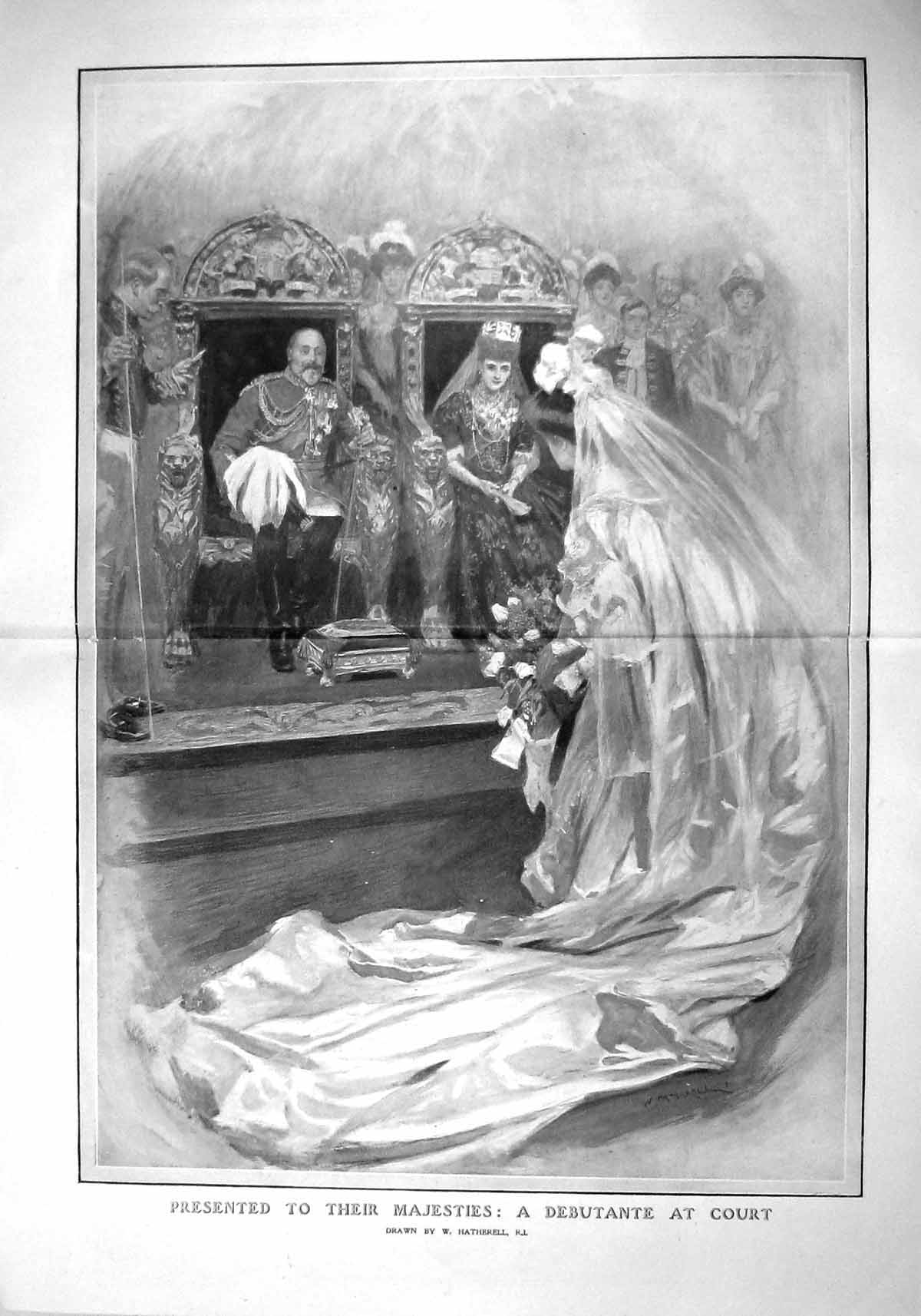 Old Antique Print 1907 Majesty King Queen Debutante Court Fashion Dress 20th