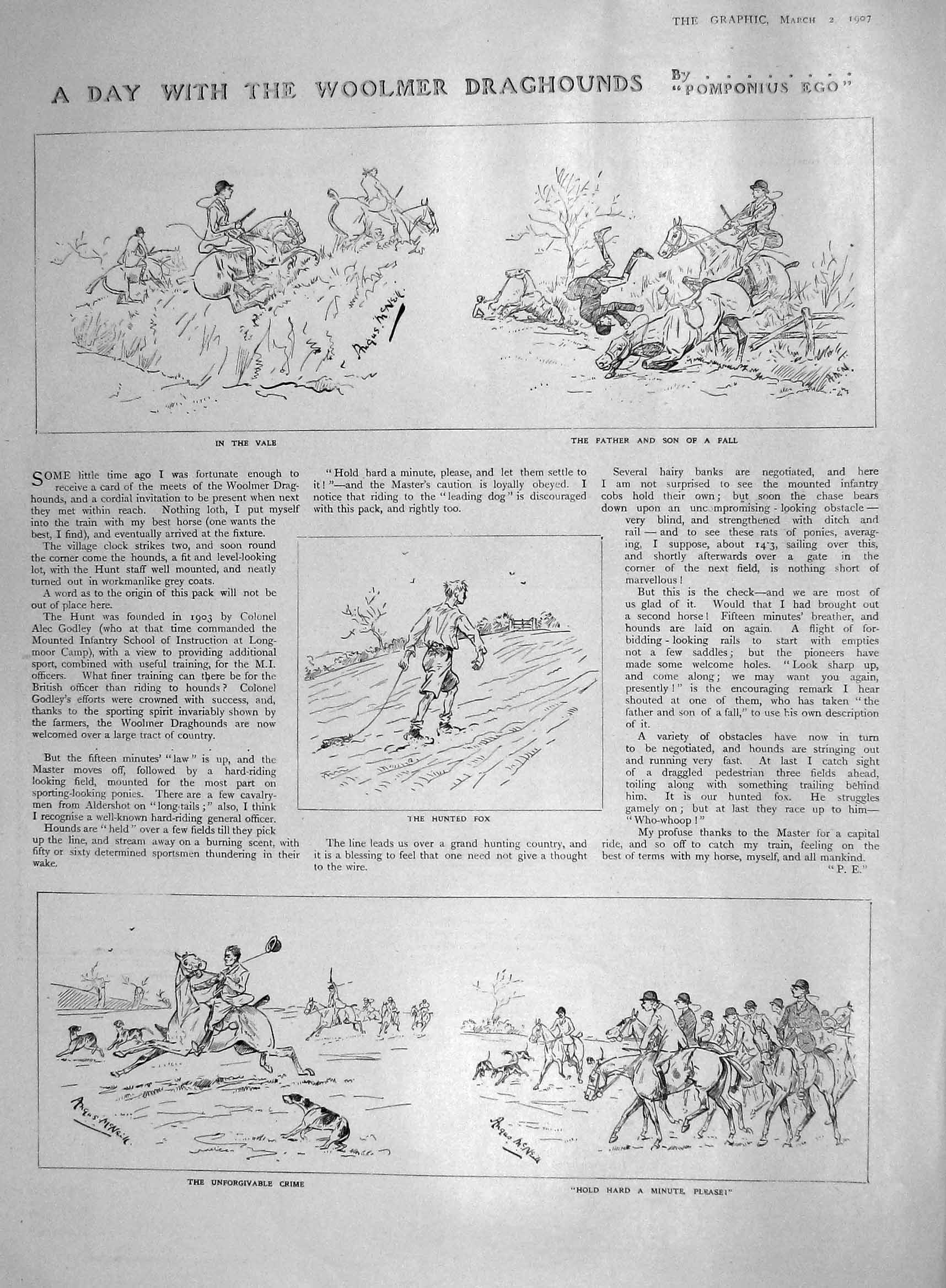 Old Antique Print 1907 Woolmer Draghounds Fox Hunting Bam Gale Davey Raby 20th