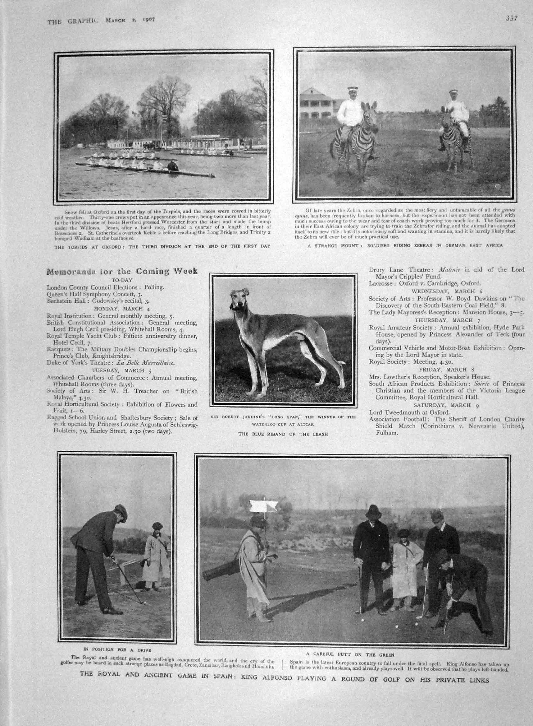 Original Old Antique Print 1907 King Alfonso Spain Golf Altcar Lipton Britannia