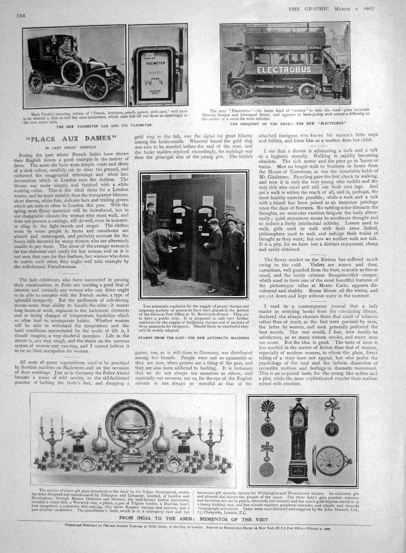 Original Old Antique Print 1907 Taximeter Electrobus Stamp Machine Amir India