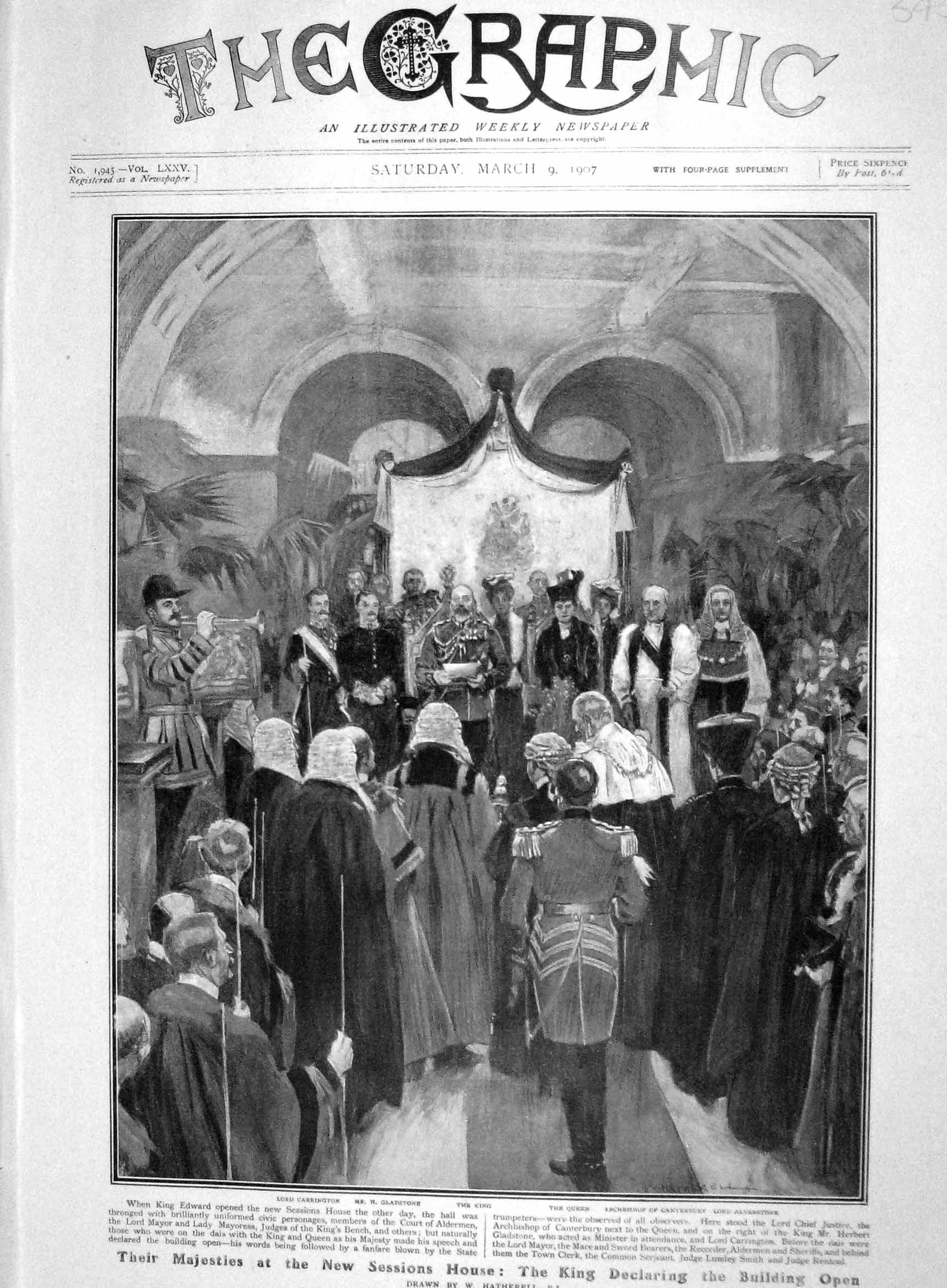 Original Old Antique Print 1907 Lord Carrington Gladstone Session House Queen