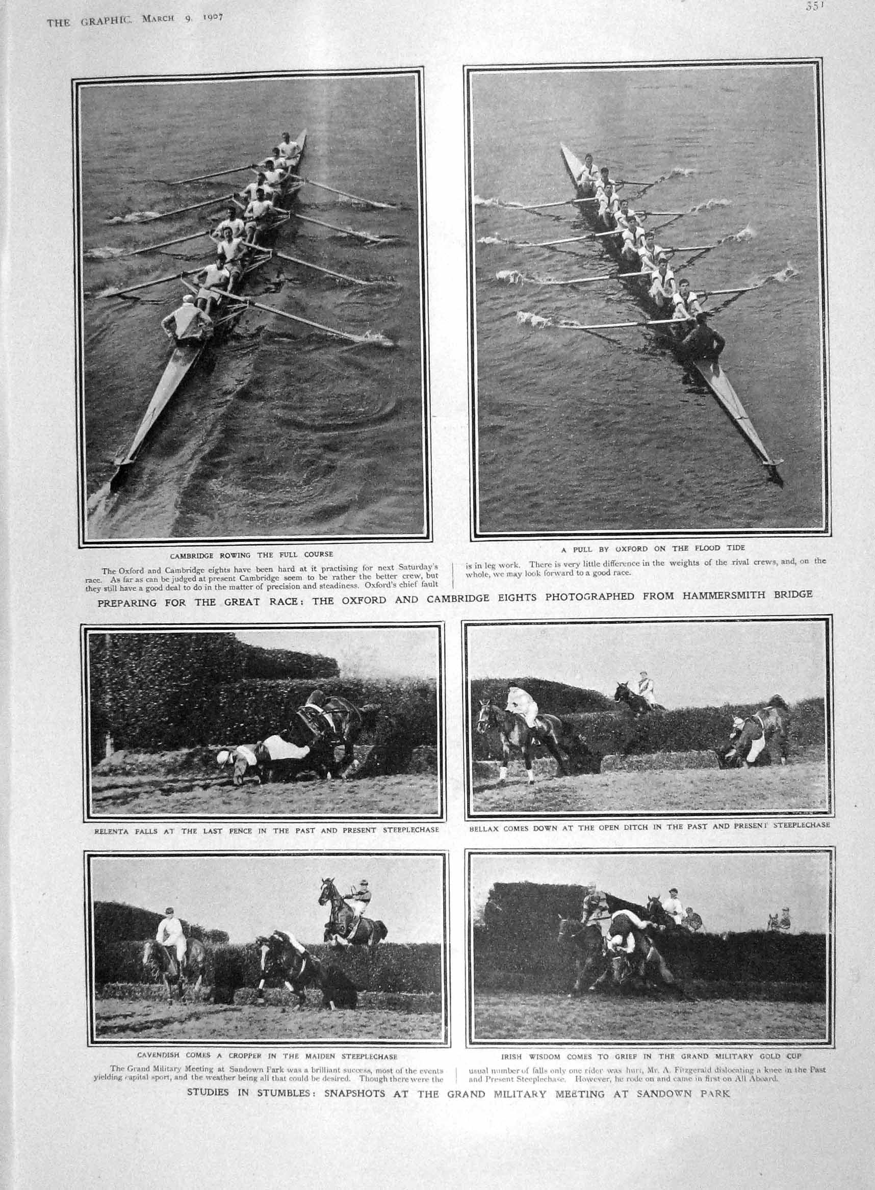 Old Antique Print 1907 Oxford Boat Race Sandown Horses Canada Snow Sport 20th