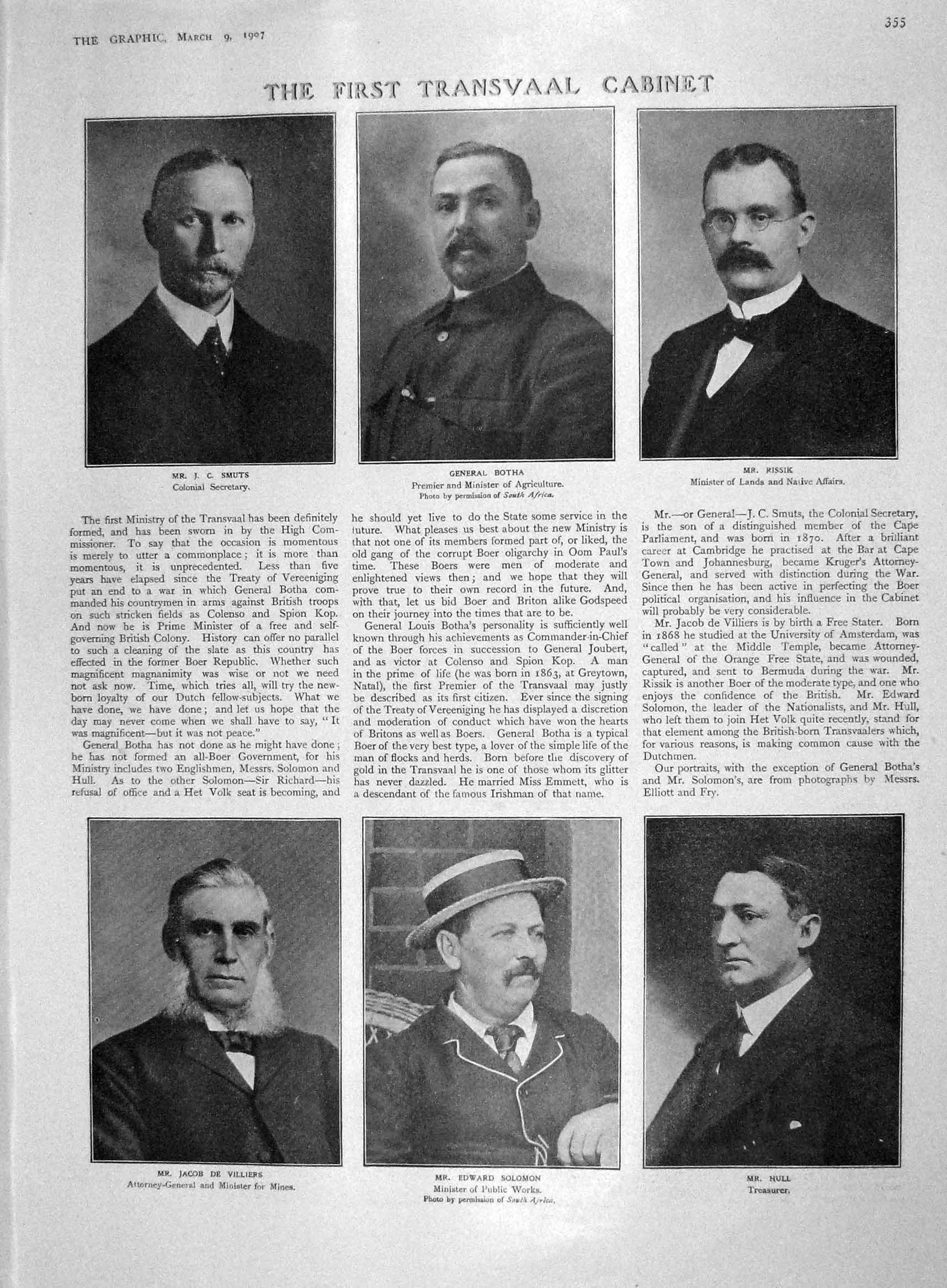 Old Antique Print 1907 Transvaal Smuts Botha Rissik Hull Solomon Villiers 20th