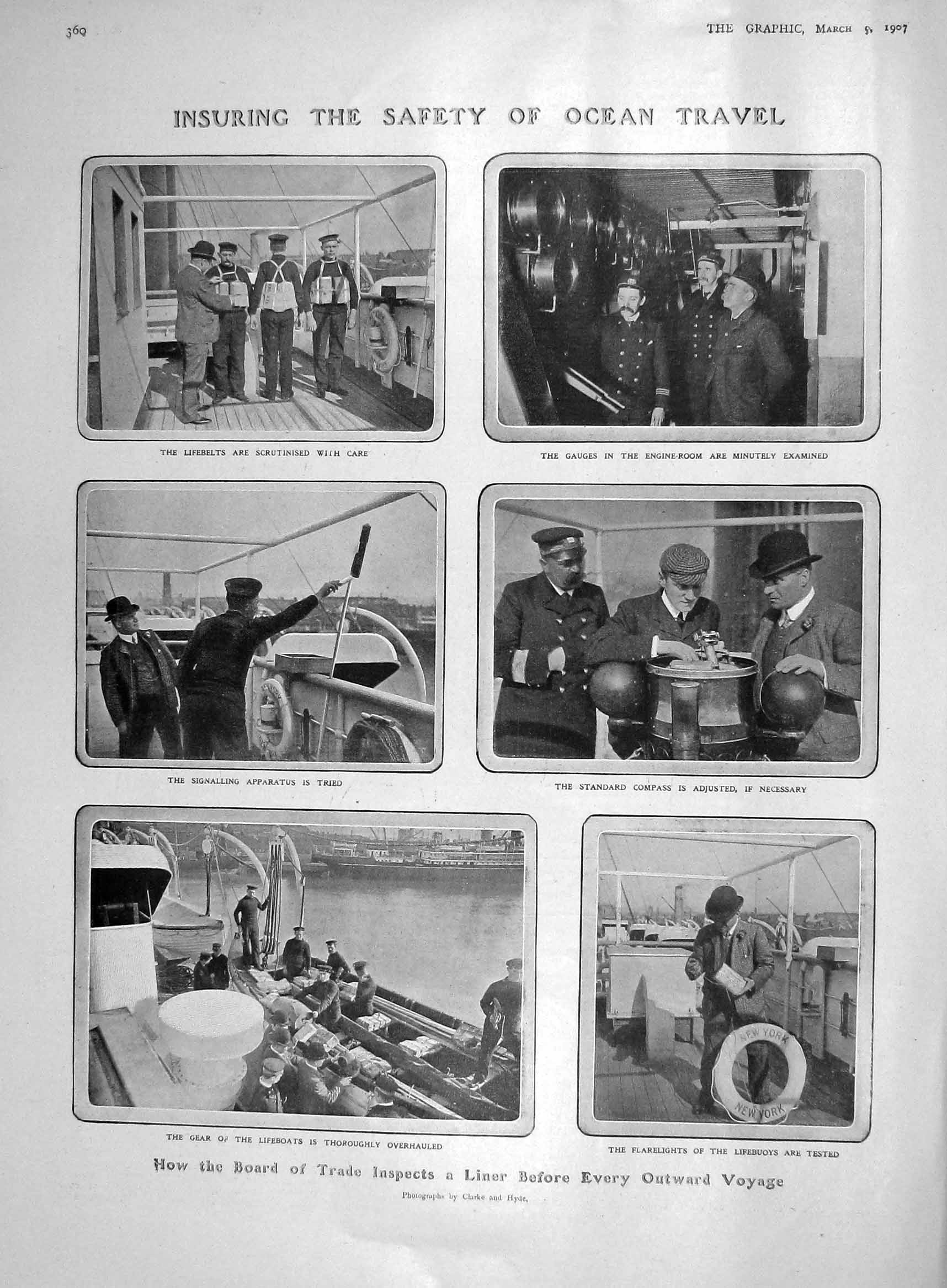 Original Old Antique Print 1907 Board Trade Liner Ship Lifeboats Passengers