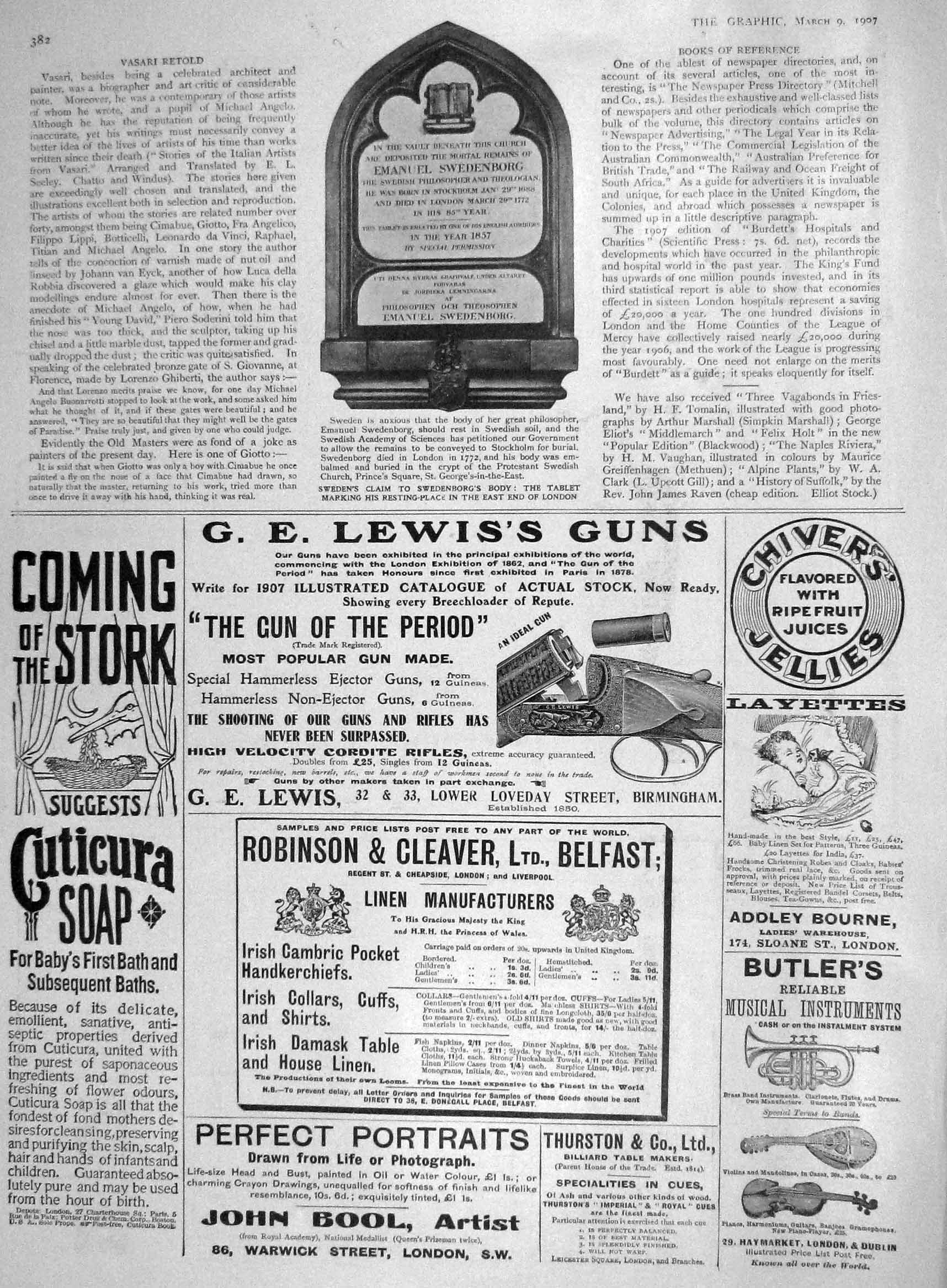 Old Antique Print 1907 Amanuel Swedenborg Tablet London Lewis Gun Chivers 20th
