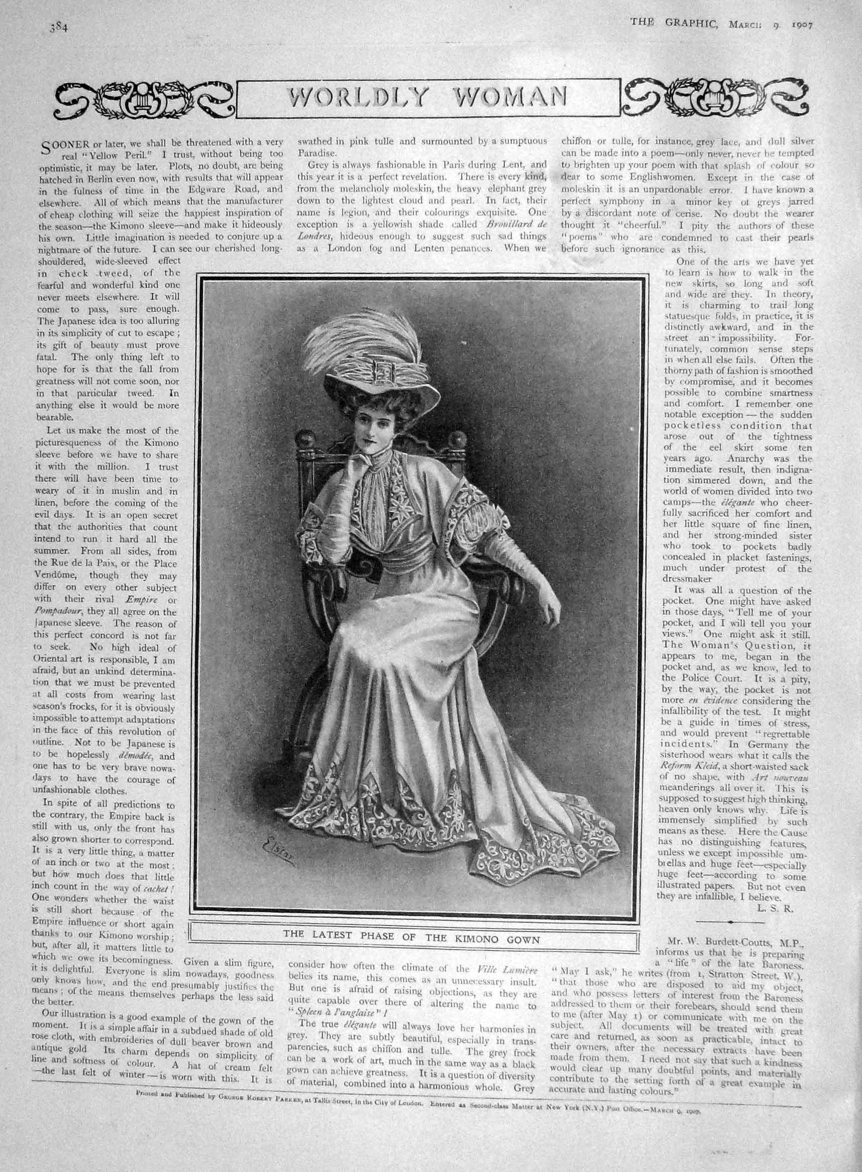Original Old Antique Print 1907 Portrait Woman Fashion Kimono Gown 20th Century