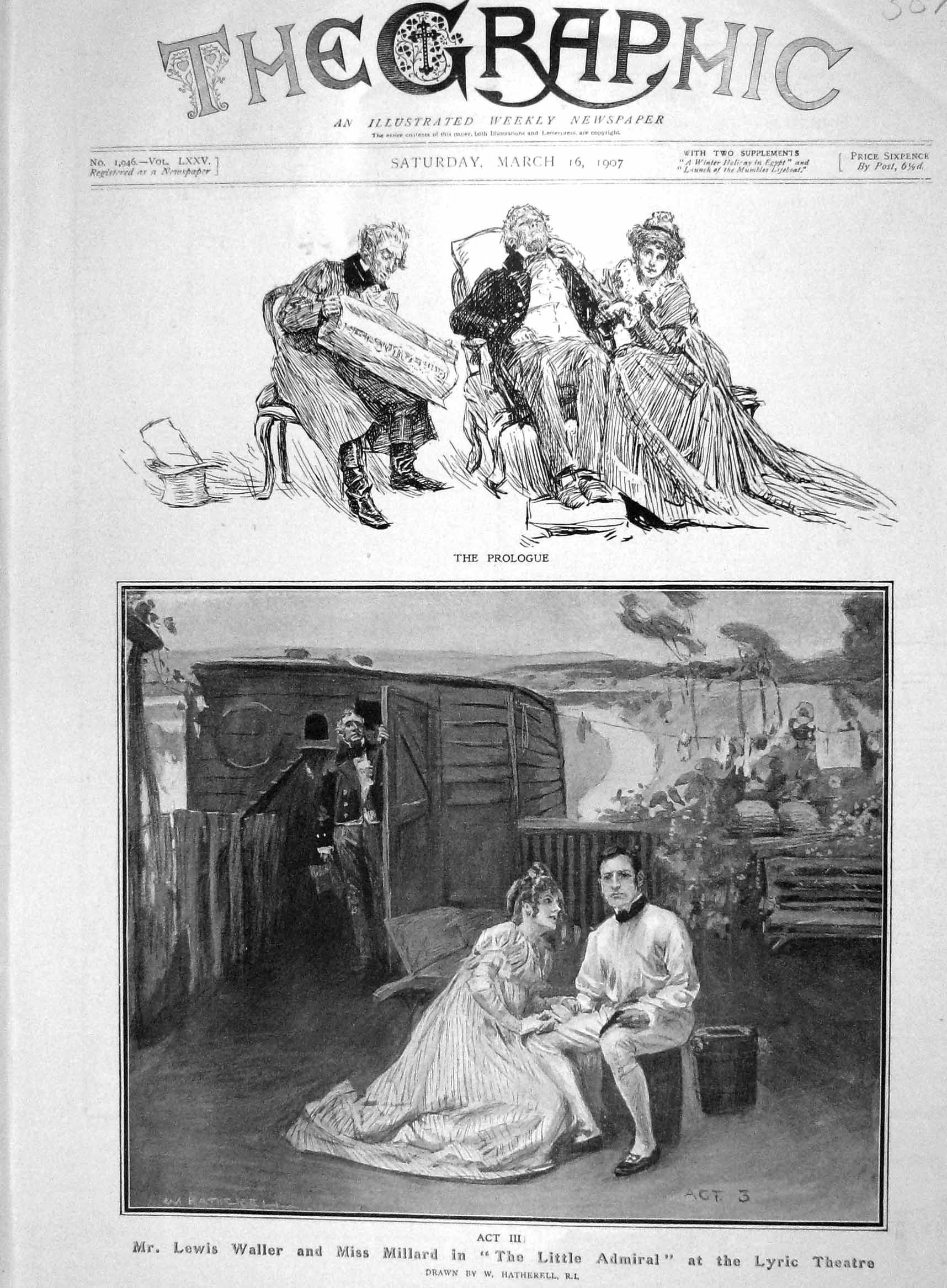 Old Antique Print 1907 Lewis Waller Millard Little Admiral Lyric Theatre 20th