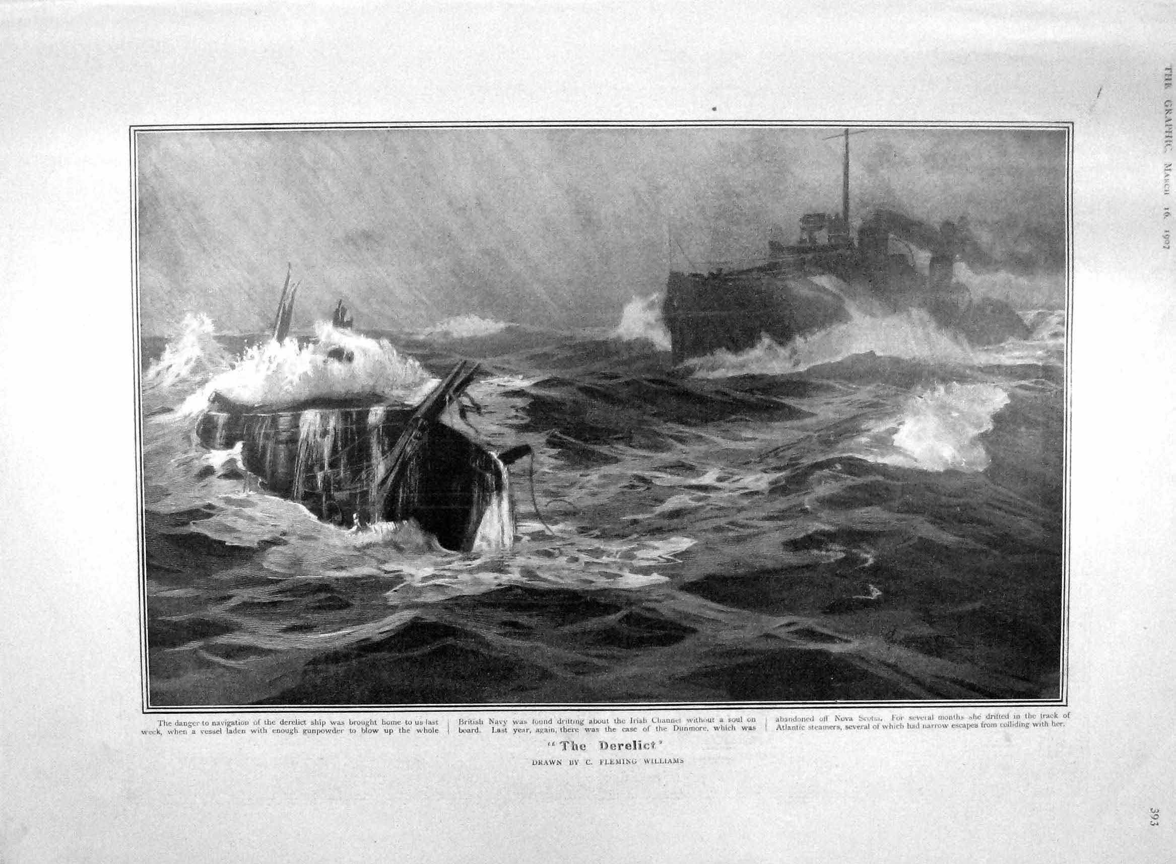 Old Antique Print 1907 Derelict Ship Irish Channel Lady Weardale Ashley 20th