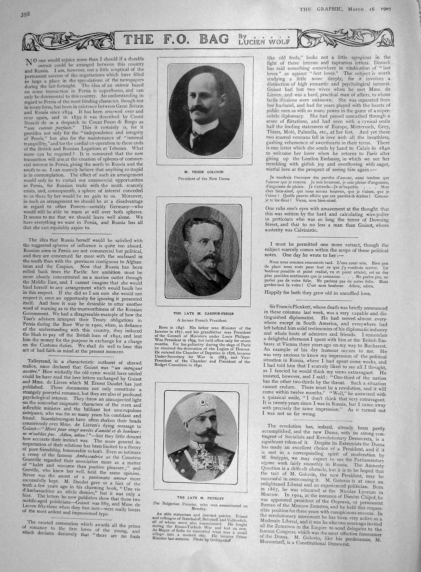Original Old Antique Print 1907 Fedor Golovin Casimir-Perier Petkoff Bulgaria