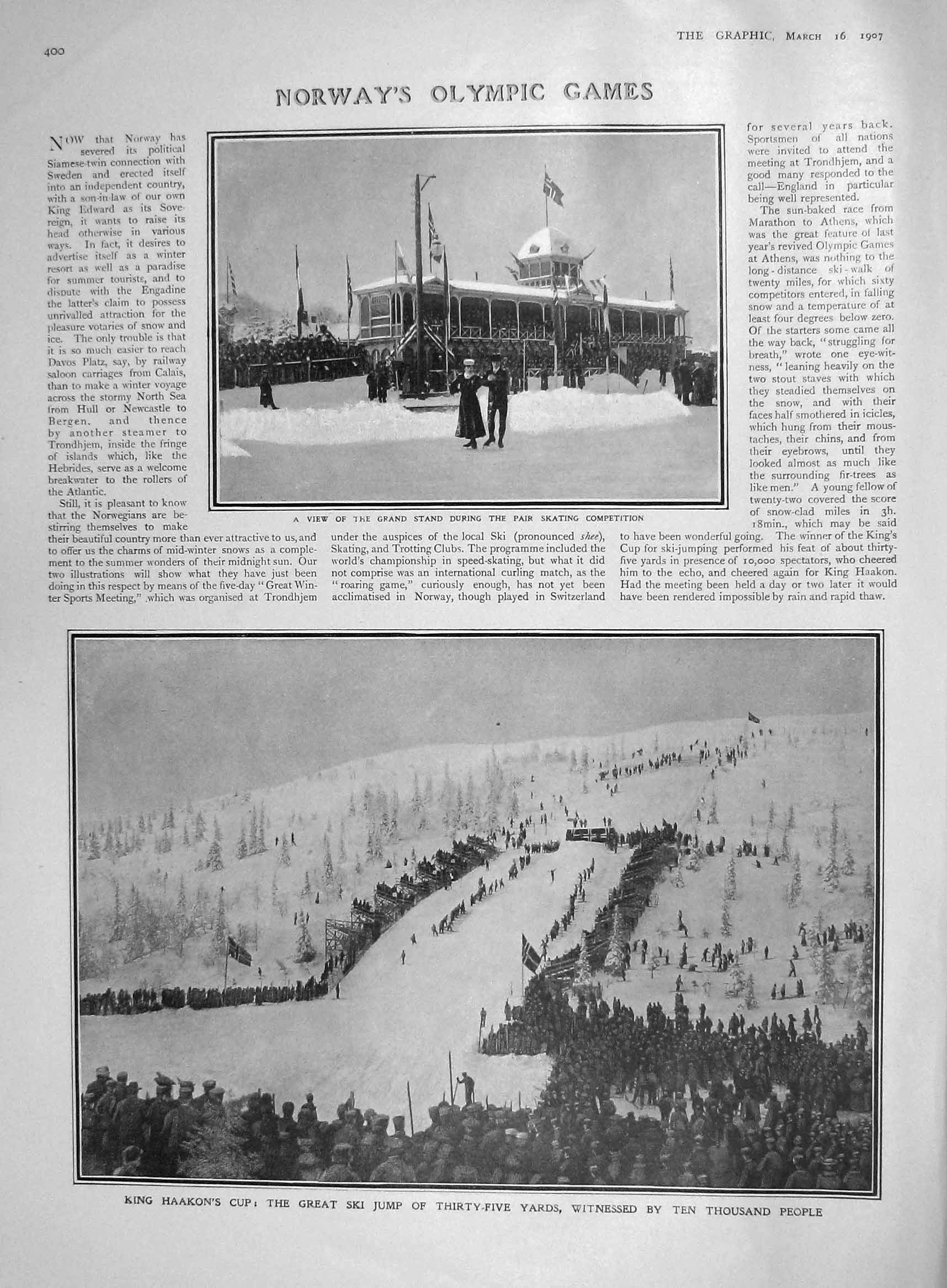 Original Old Antique Print 1907 Norway Olympic Games King Haakon Snowden 20th