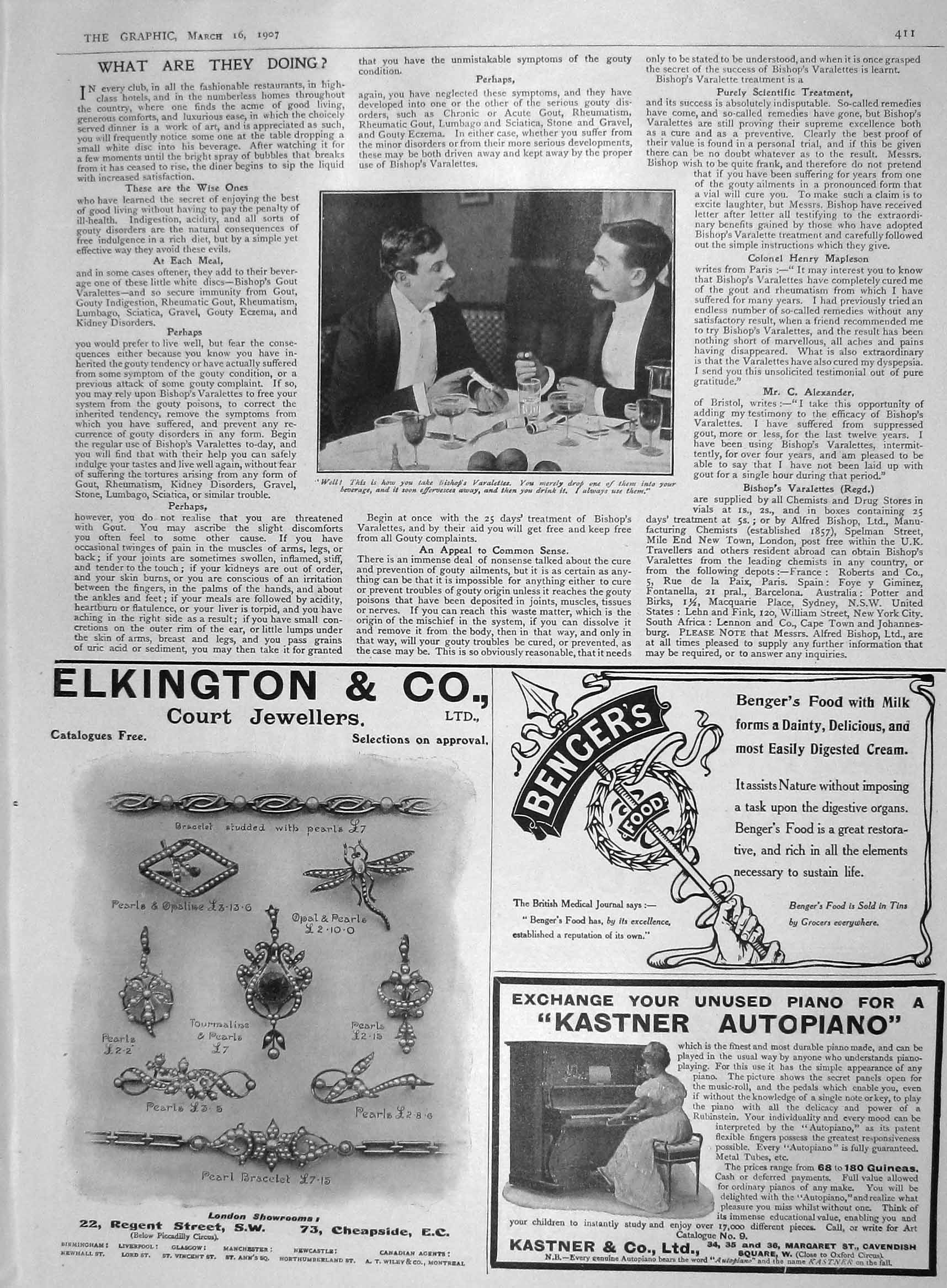Old Antique Print 1907 Men Table Bishop Varalettes Elkington Bengers Food 20th