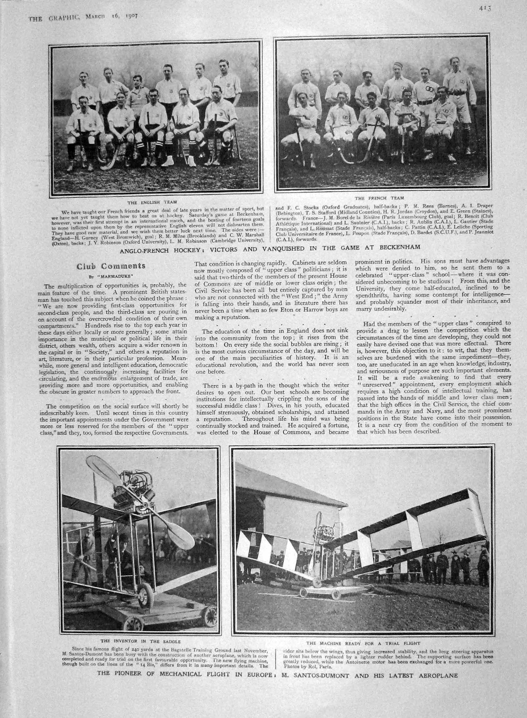 Original Old Antique Print 1907 Anglo-French Hockey Santos-Dumont Aeroplane