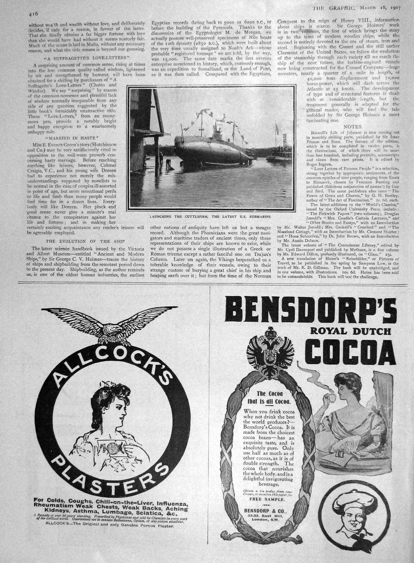 Old Antique Print 1907 Launch Cuttlefish Submarine Allcocks Plaster Cocoa 20th