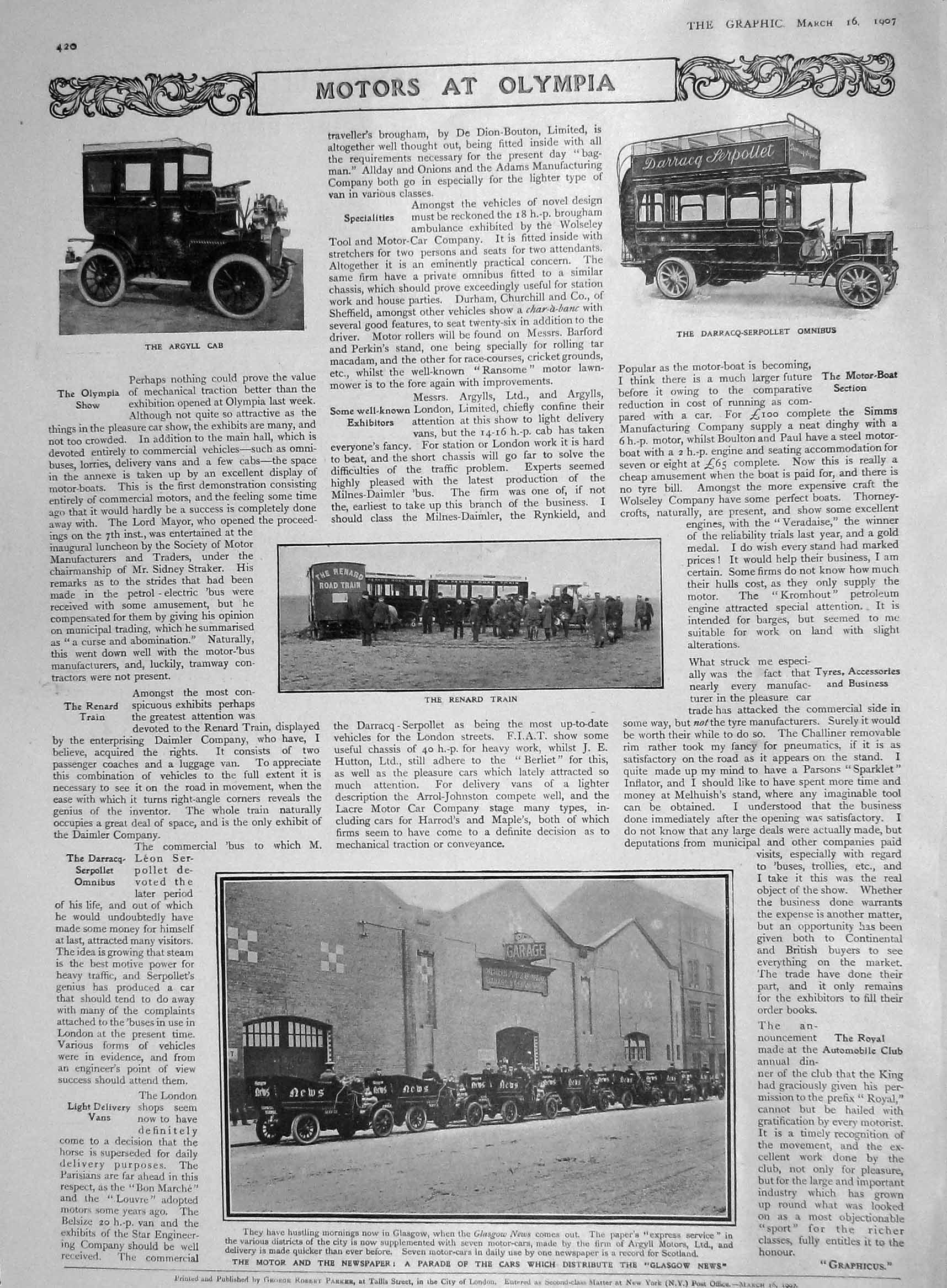 Original Old Antique Print 1907 Motor Car Olympia Argyll Renard Train 20th
