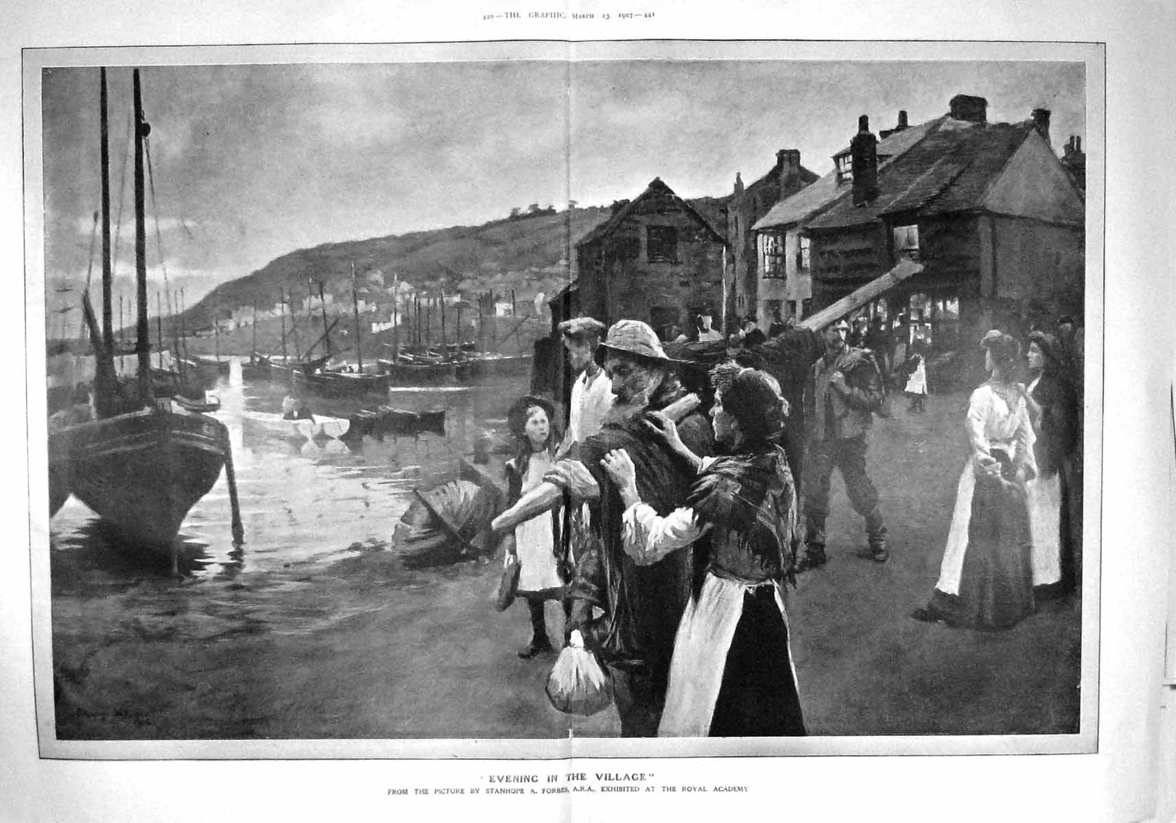 Original Old Antique Print 1907 Evening Scene Village Fishing Boats Stanhope