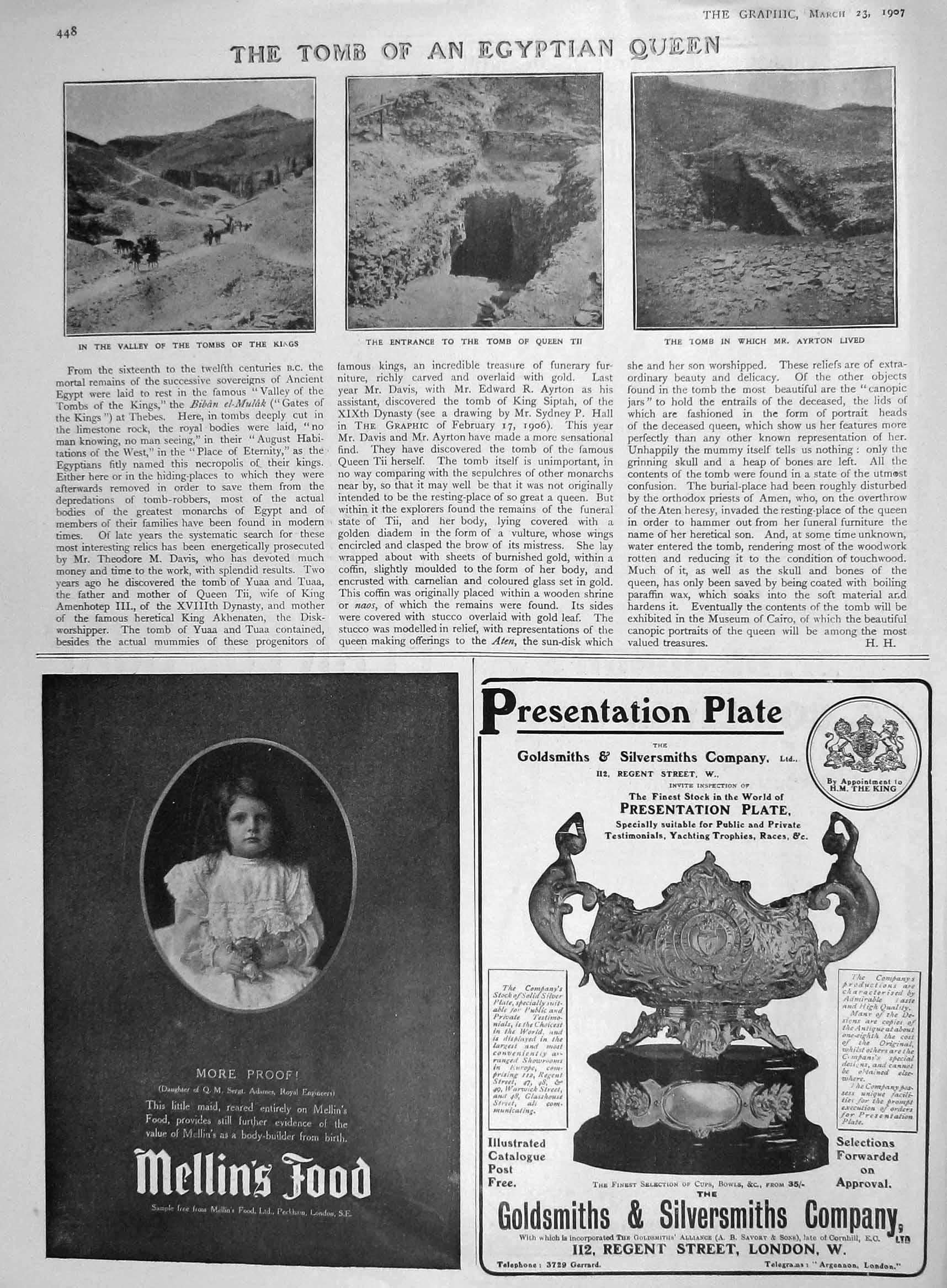 Original Old Antique Print 1907 Tomb Egyptian Queen Kings Ayrton Mellins Food