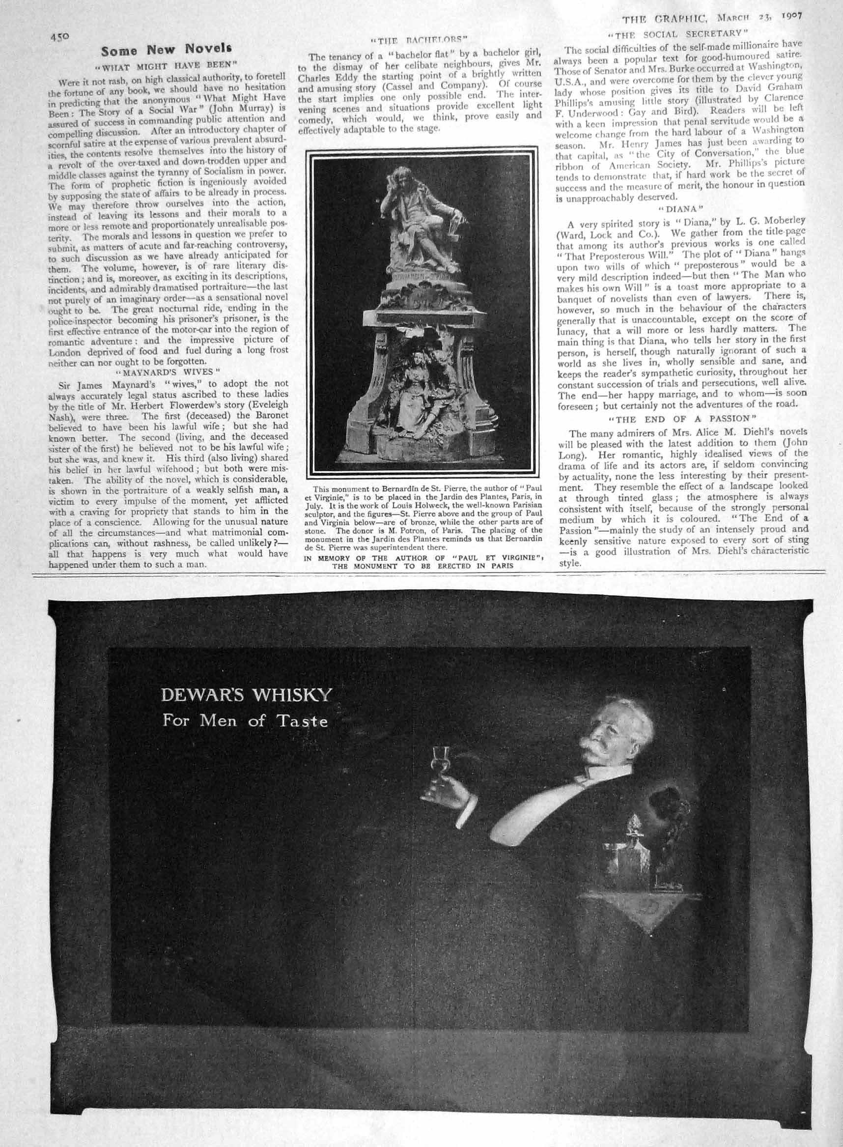 Original Old Antique Print 1907 Monument Bernardin Pierre Paul Et Virginie 20th