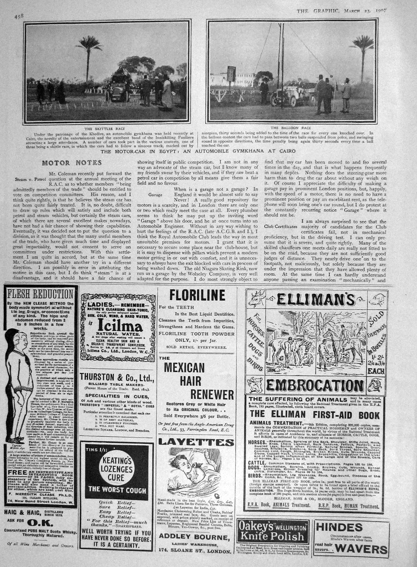 Old Antique Print 1907 Motor Car Automobile Gymkhana Egypt Balloon Race 20th
