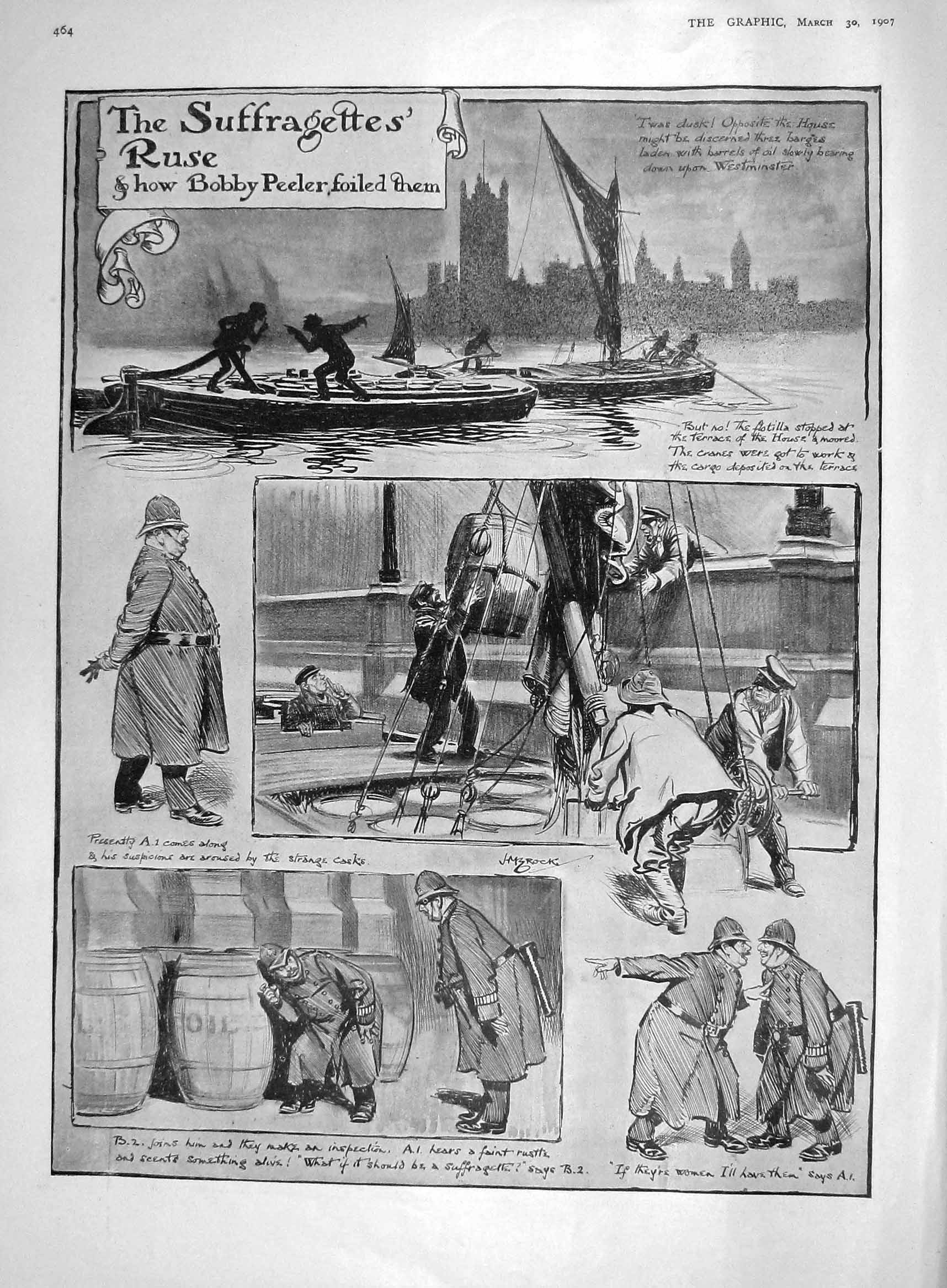 Original Old Antique Print 1907 Suffragettes River Thames Police Boats 20th