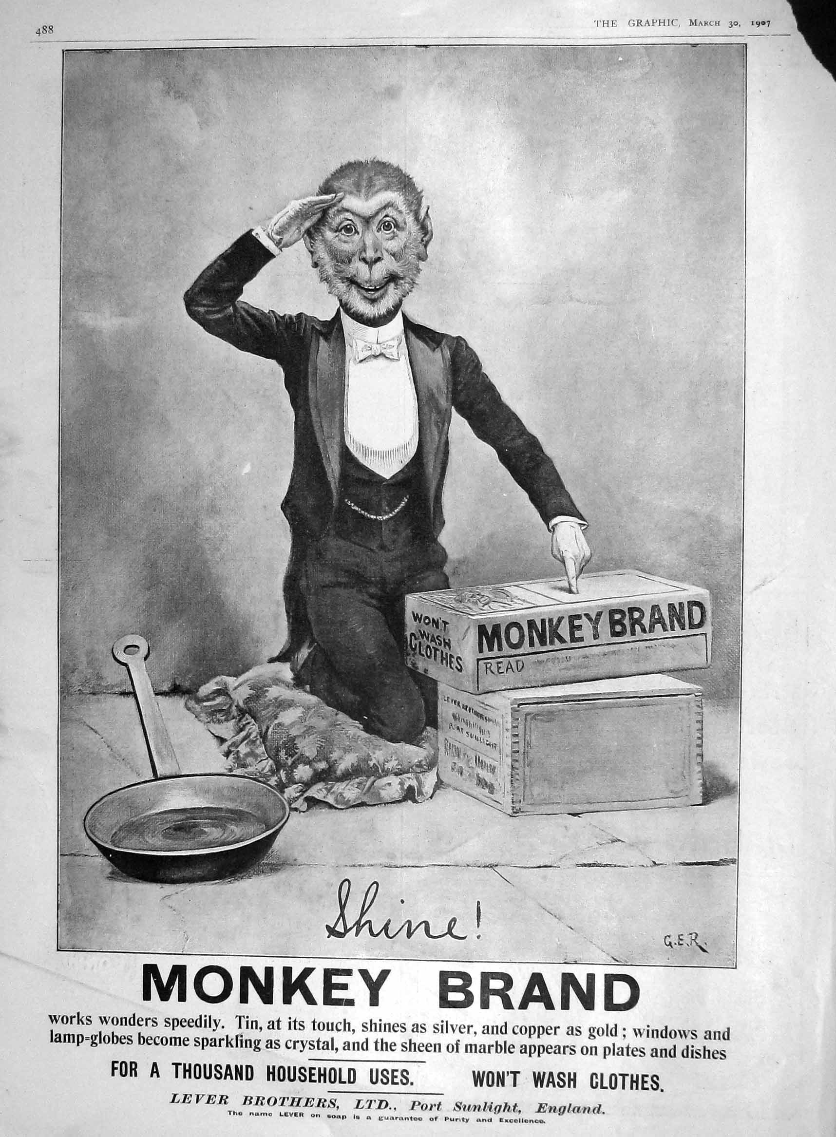 Original Old Antique Print 1907 Advertisement Monkey Brand Soap Lever Brothers