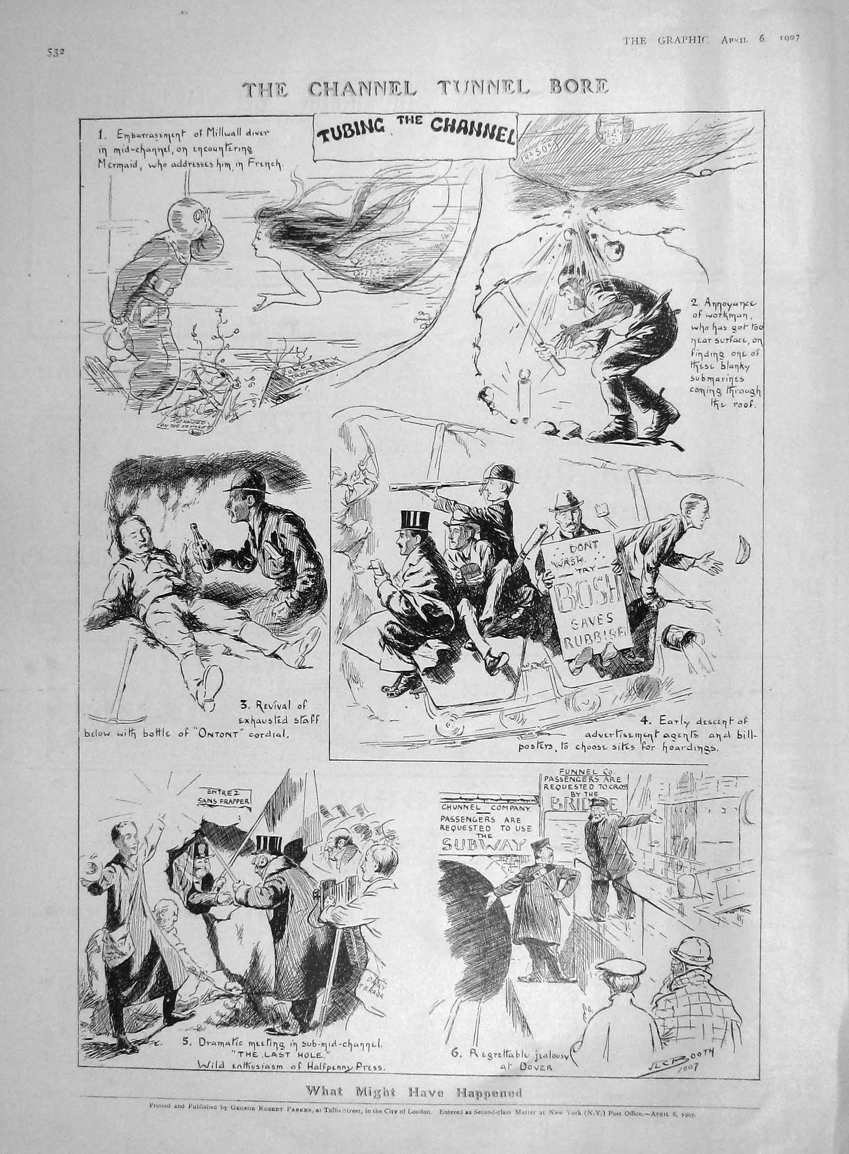Original Old Antique Print 1907 Channel Tunnel Bore Tubing Subway Dover Calais