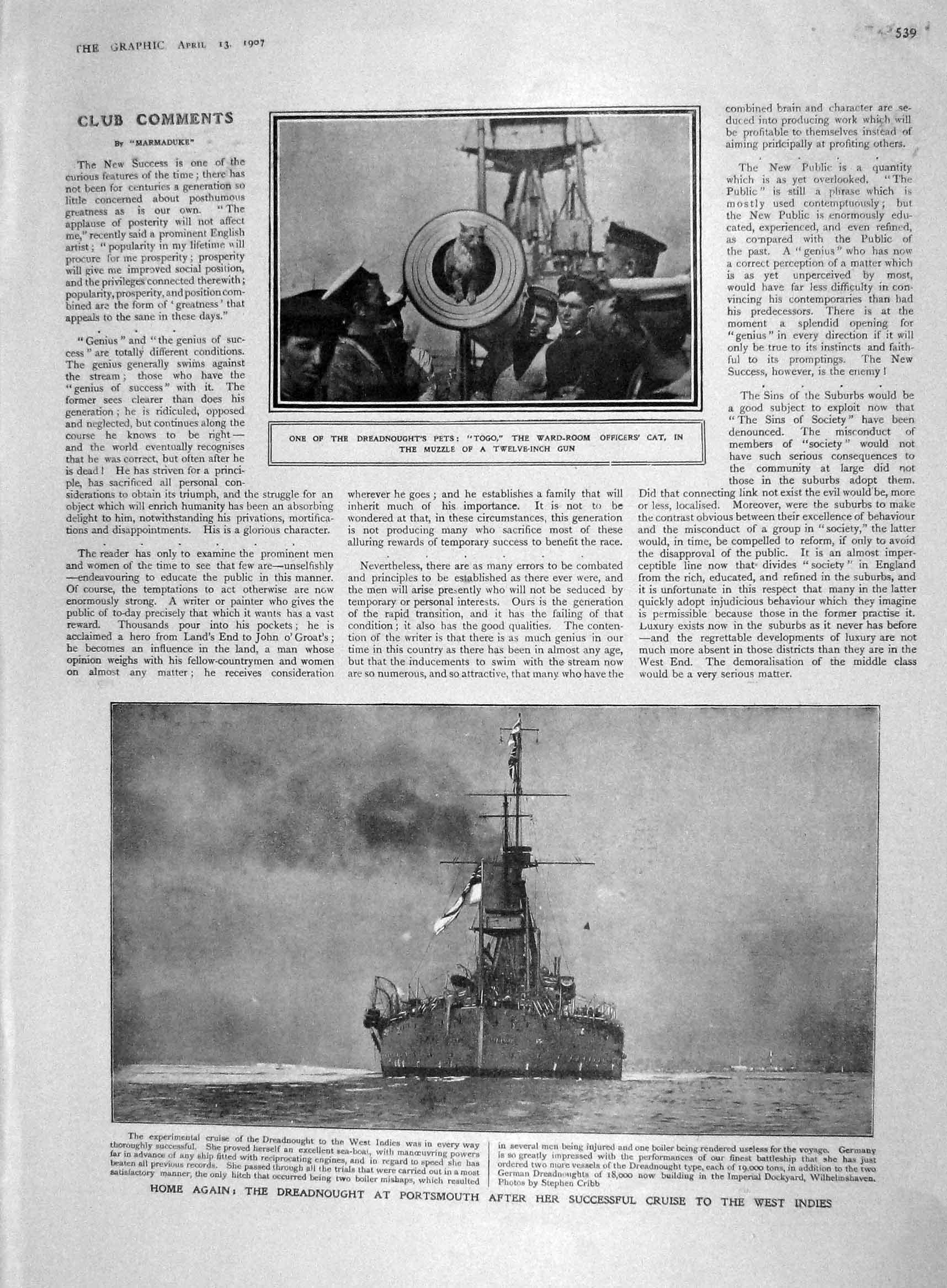 Original Old Antique Print 1907 Dreadnought Ship Togo Cat Smith-Dorrien M 20th
