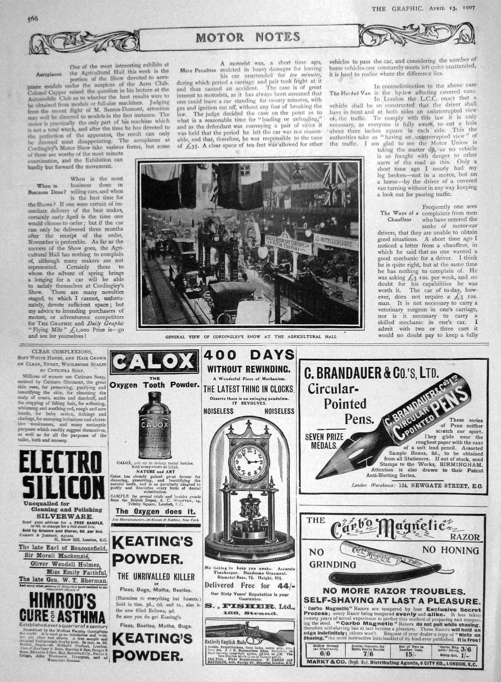 Old Antique Print 1907 Cordingley Motor Car Show Agricultural Hall Calox 20th