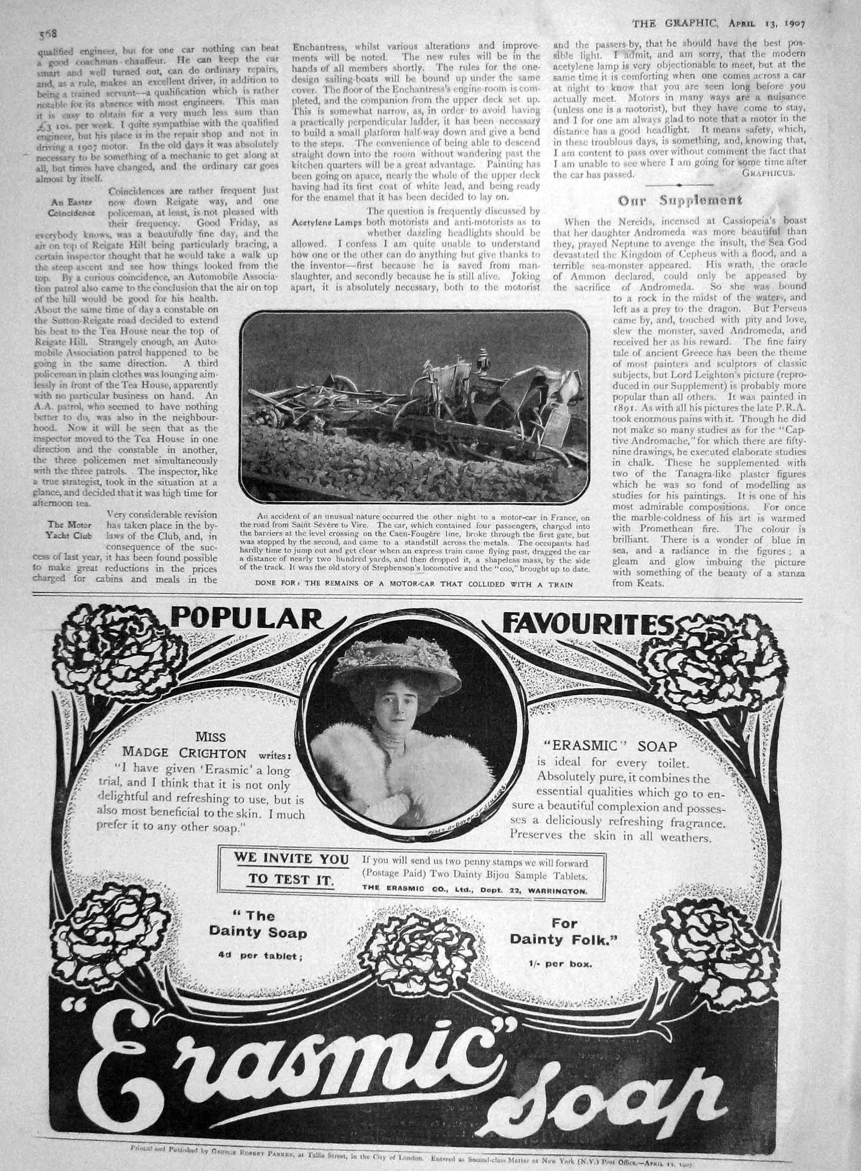 Original Old Antique Print 1907 Motor Car France Crash Train Vire Erasmic Soap