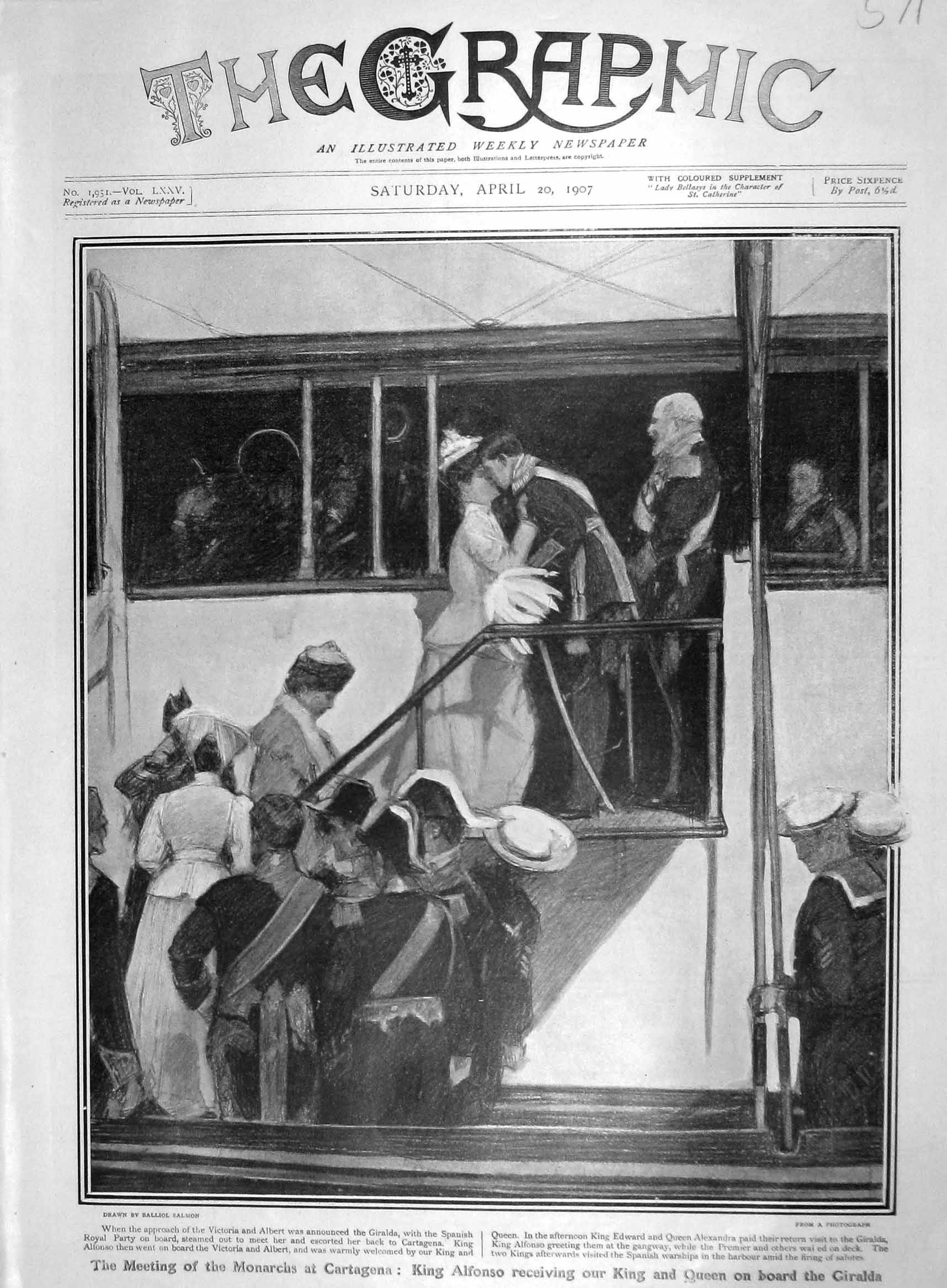 Old Antique Print 1907 King Alfonso Spain Edward Alexandra Giralda Ship 20th