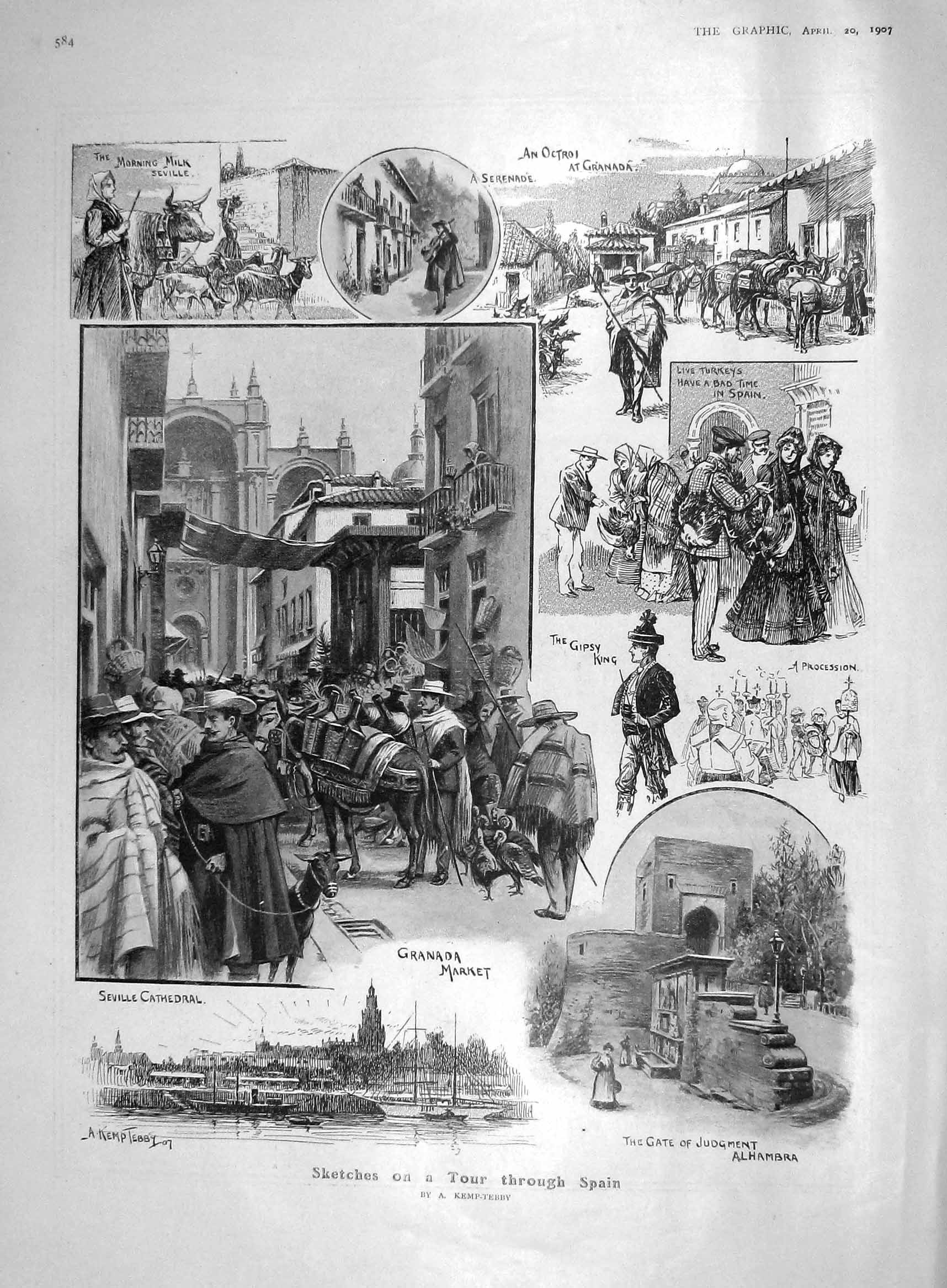 Old Antique Print 1907 Spain Granada Market Seville Lady Beauchamp Ward 20th