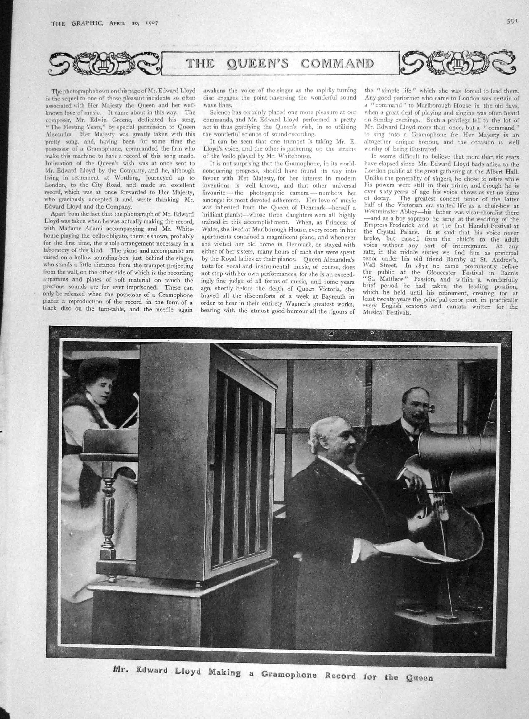Original Old Antique Print 1907 Edward Lloyd Gramaphone Record Renar 20th