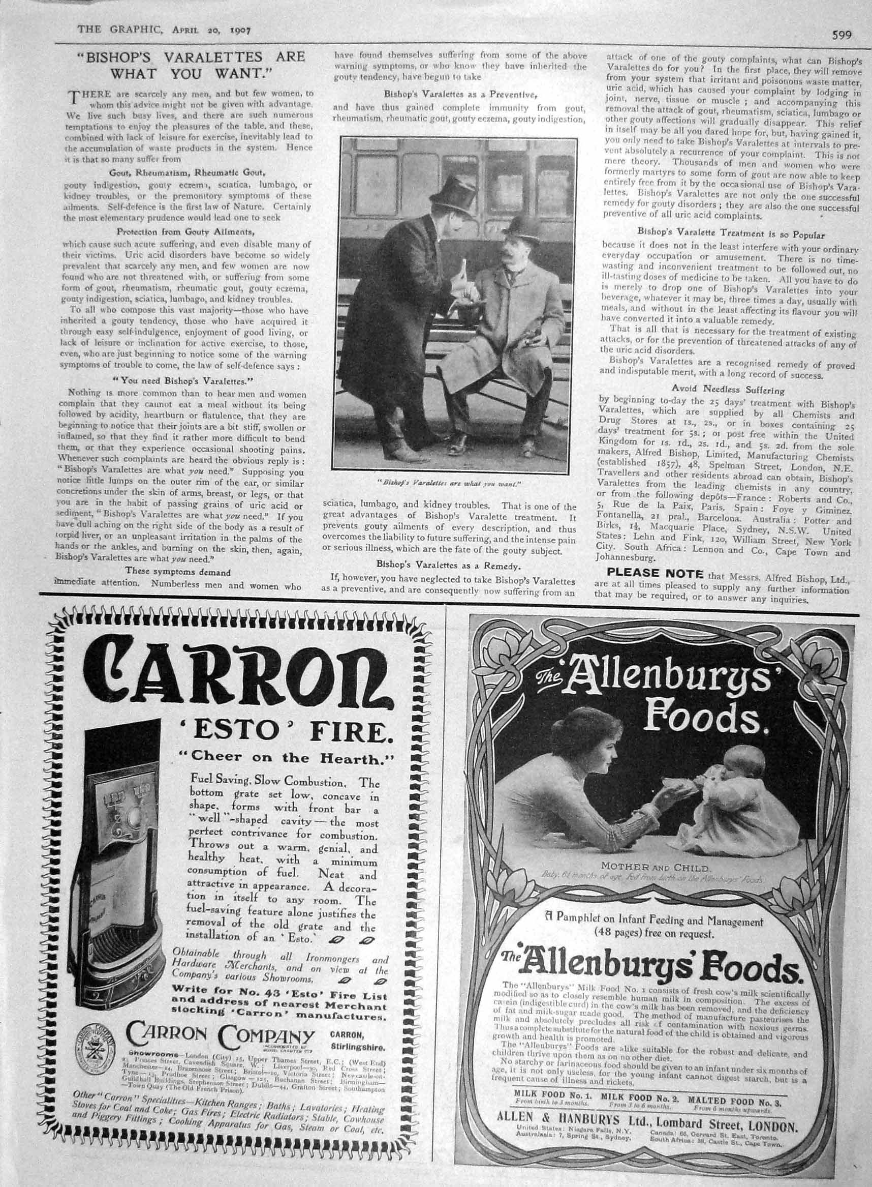 Old Antique Print 1907 Bishop Varalette Carron Esto Fire Allenbury Foods 20th