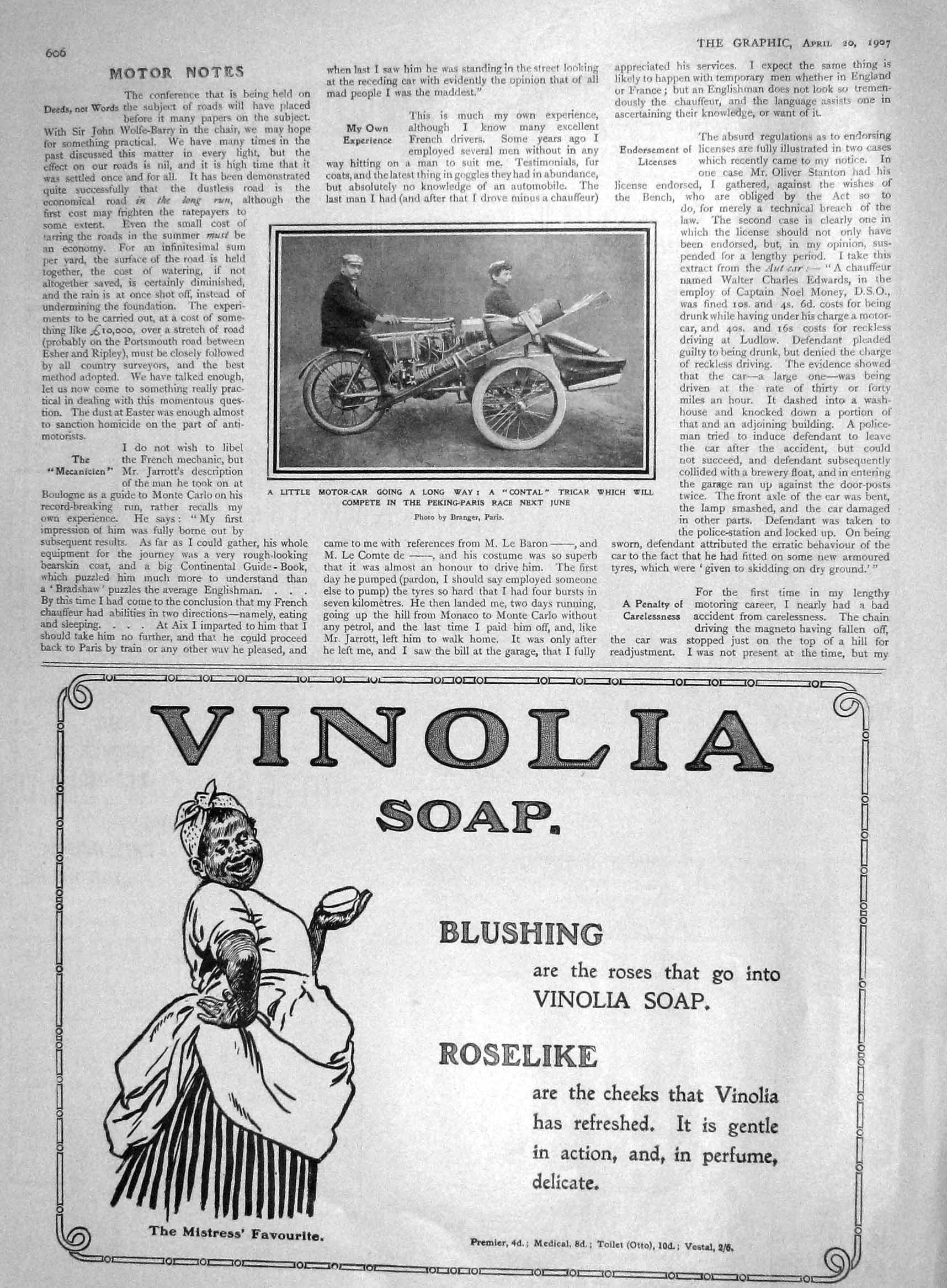 Original Old Antique Print 1907 Motor Car Contal Tricar Peking Paris Race 20th