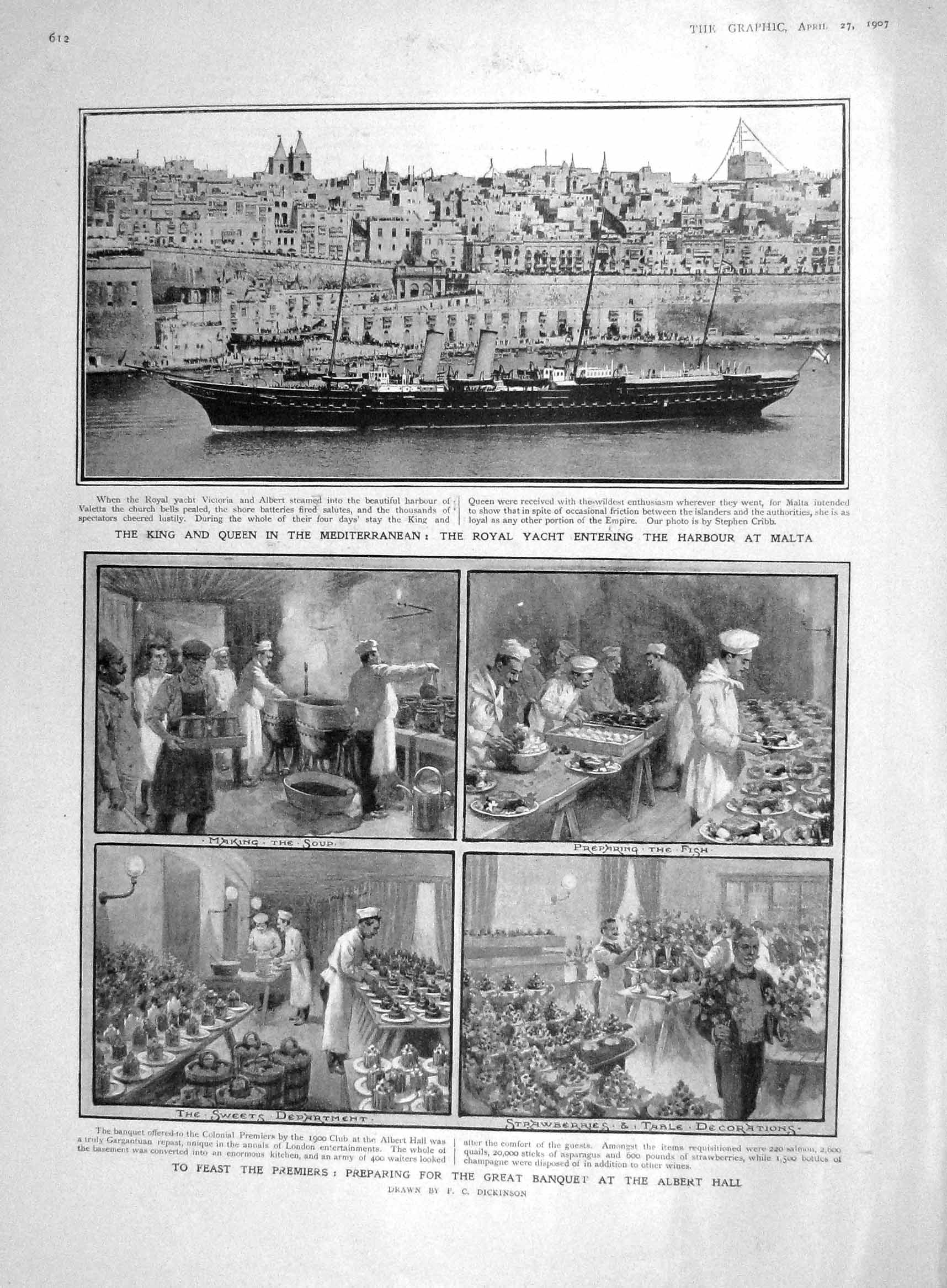 Old Antique Print 1907 Banquet Albert Queen Ship Malta Glasgow University 20th