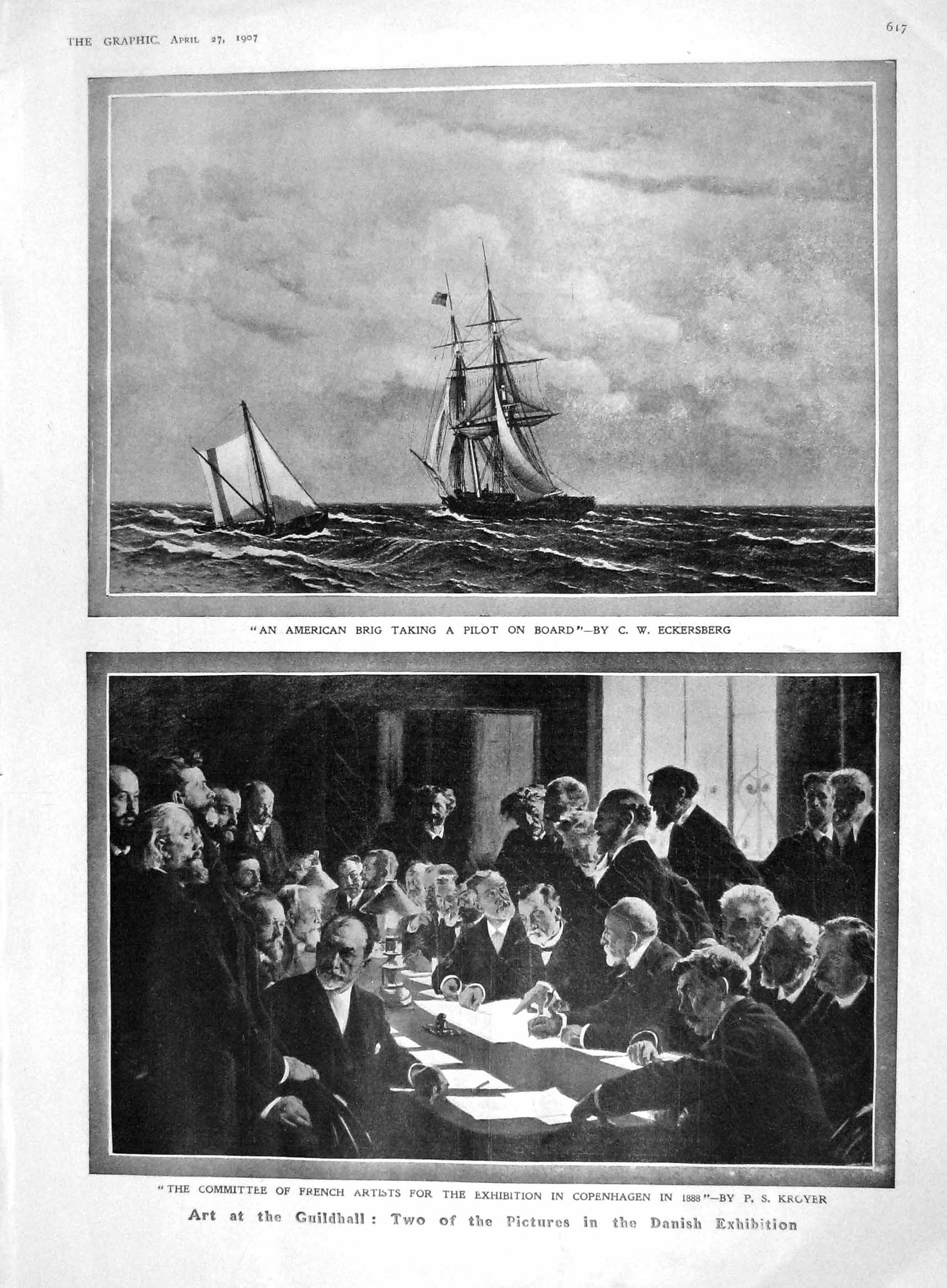 Original Old Antique Print 1907 Art Guildhall American Brig Drummond Armstrong