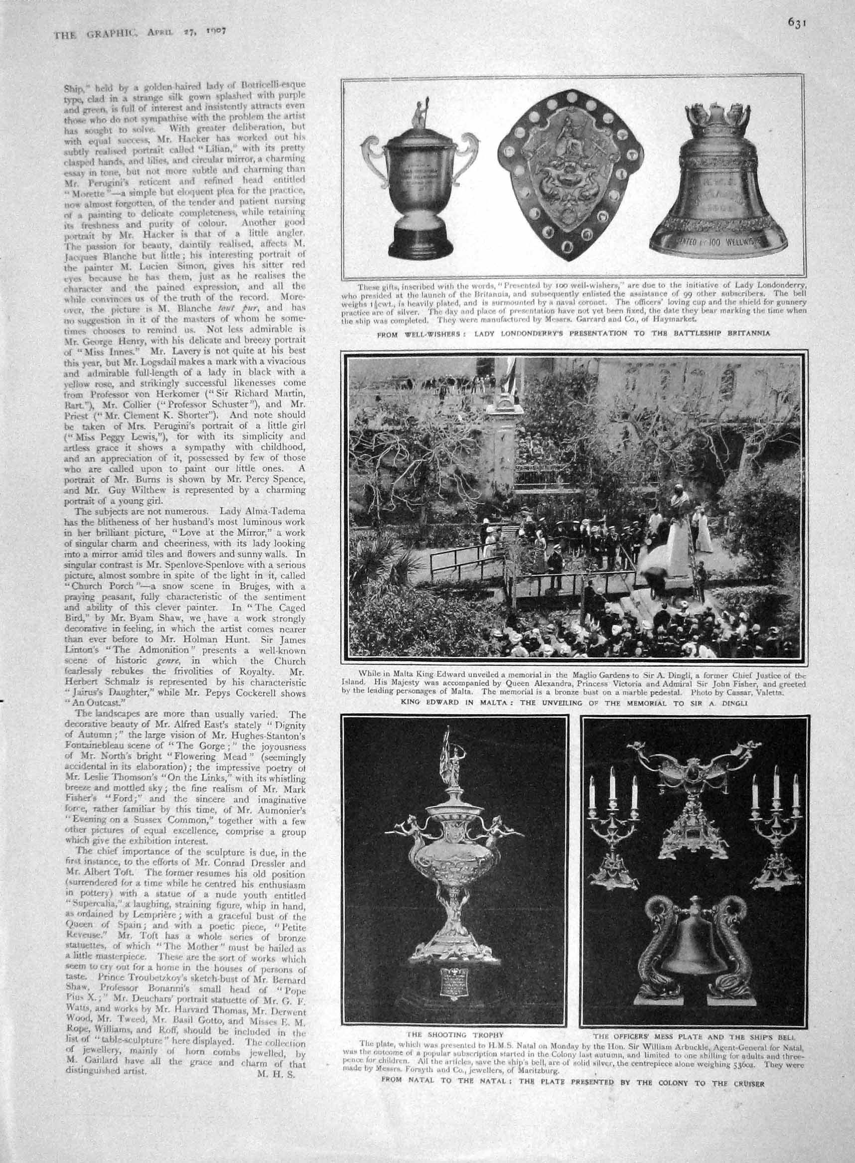Original Old Antique Print 1907 Londonderry Loving Cup Shield King Malta Dingli