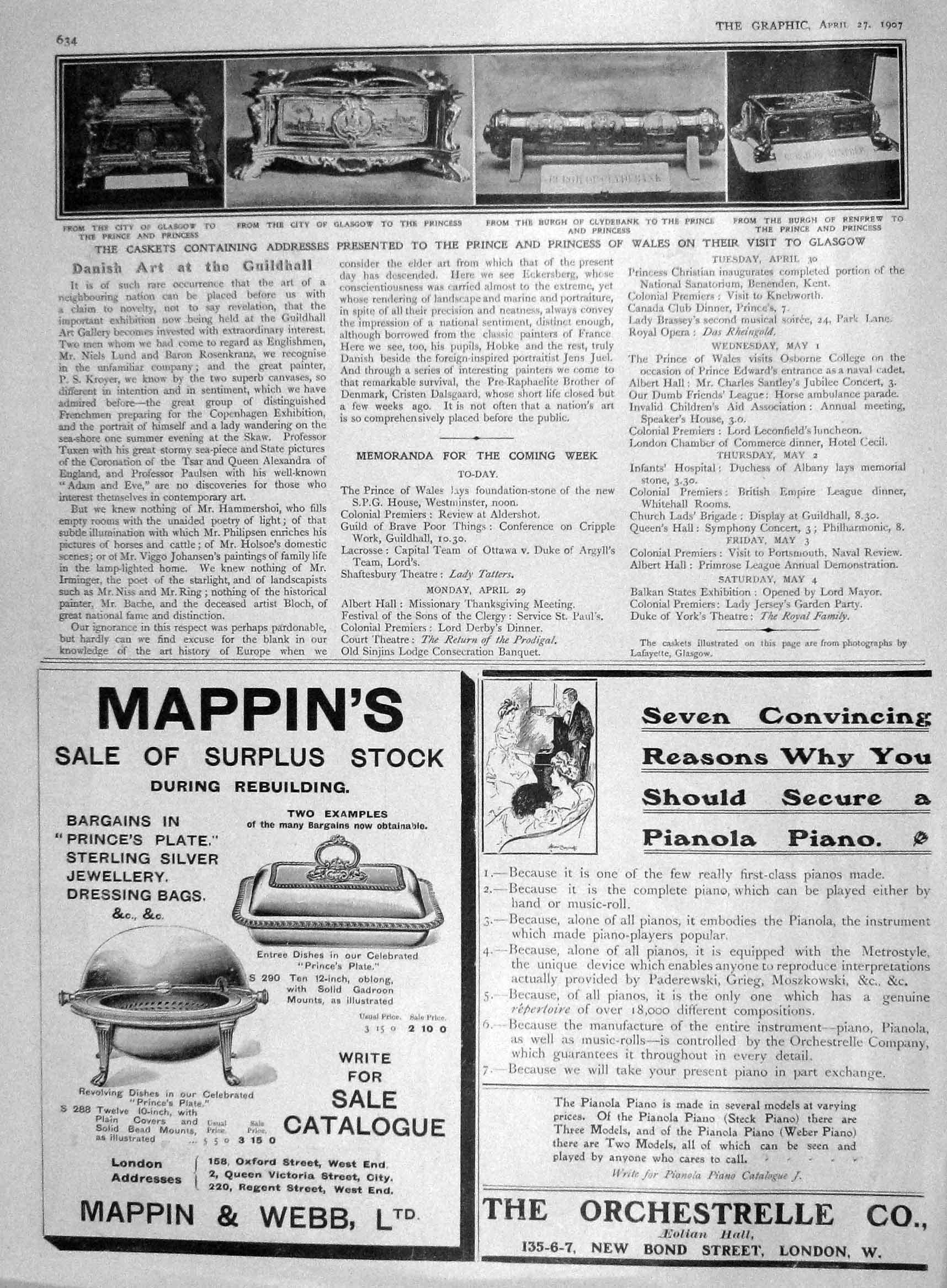 Original Old Antique Print 1907 Caskets Prince Wales Glasgow Clydebank Renfrew