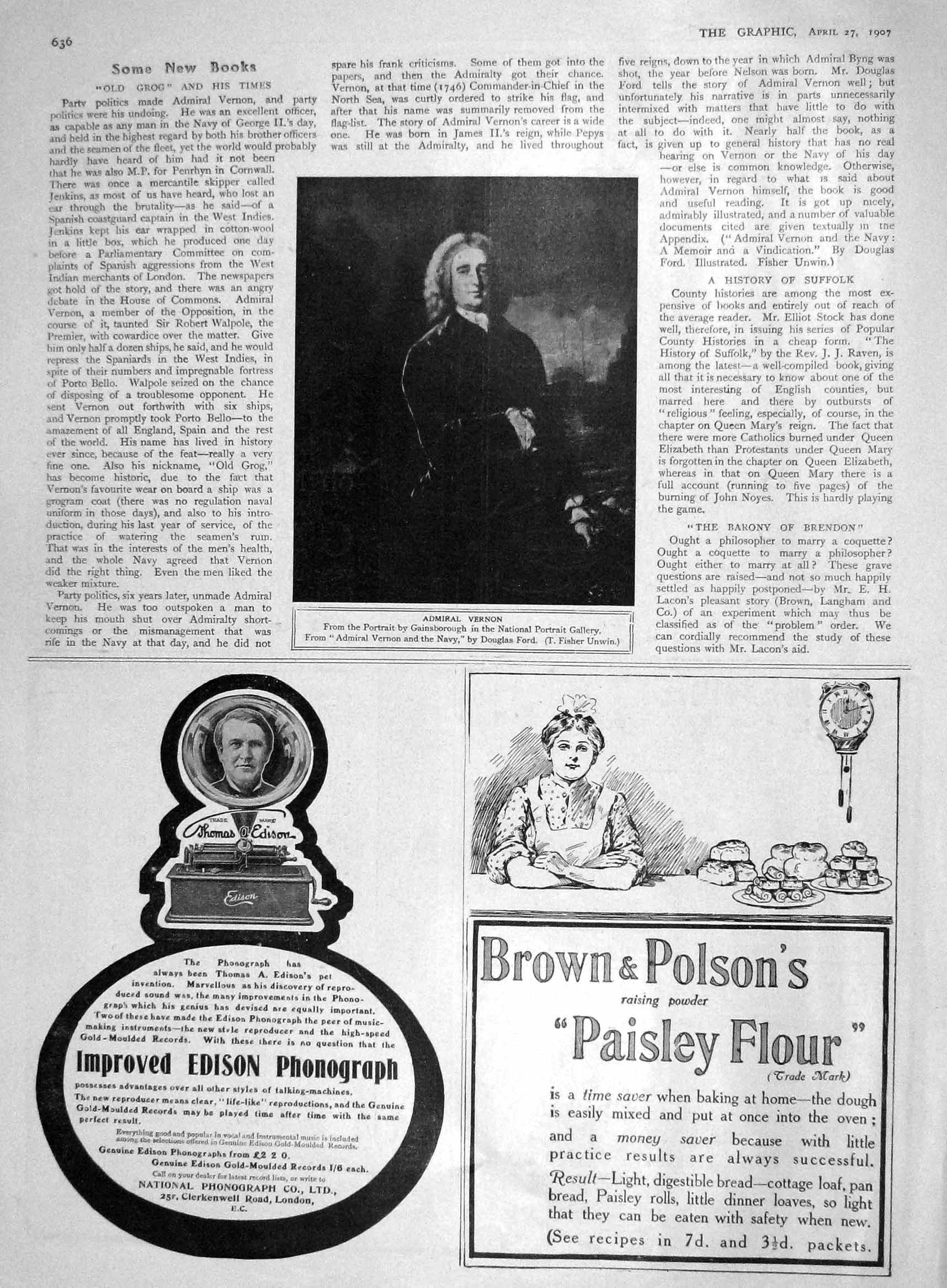 Original Old Antique Print 1907 Portrait Admiral Vernon Brown Polson 20th