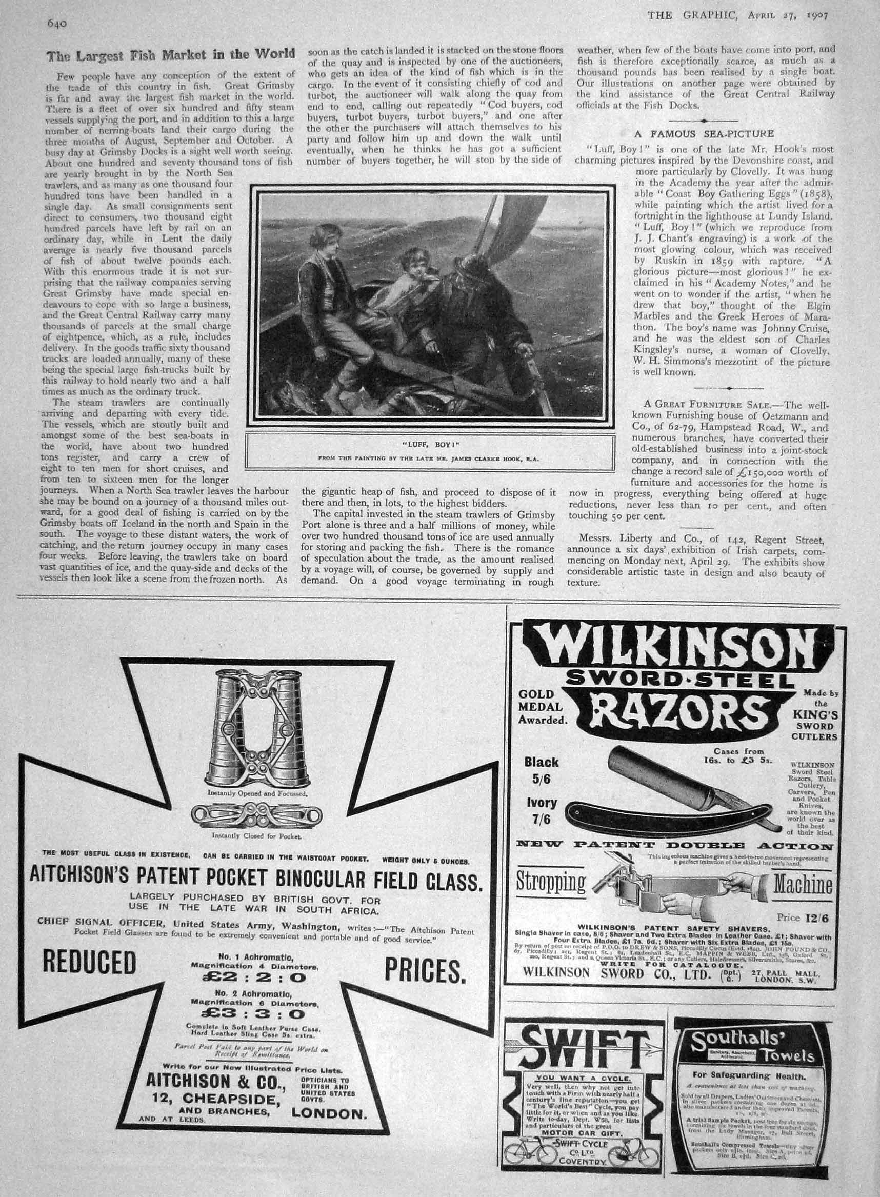Original Old Antique Print 1907 Luff Boy Boat Sea Picture Hook Wilkinson Razor