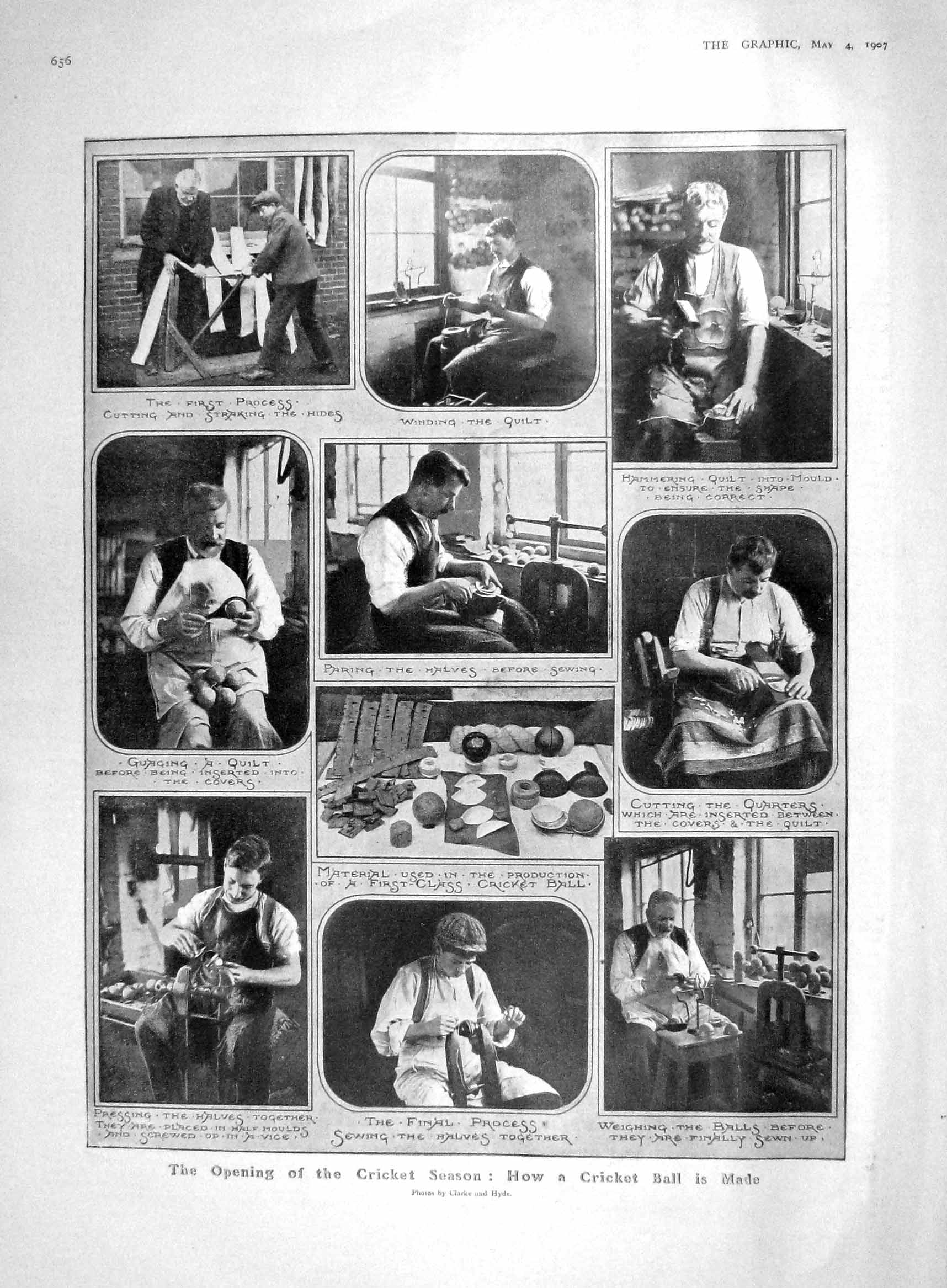 Original Old Antique Print 1907 Cricket Ball Manufacture Churchill Smith 20th