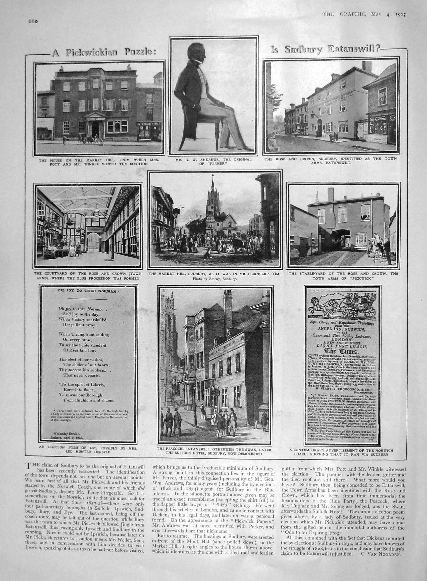 Original Old Antique Print 1907 Andrews Sudbury Pickwick Prince Wales Primrose