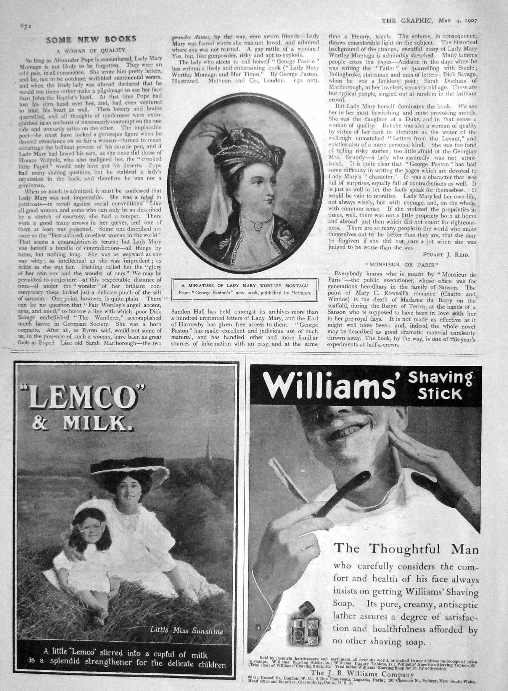Original Old Antique Print 1907 Portrait Lady Mary Wortley Montagu Lemco Milk