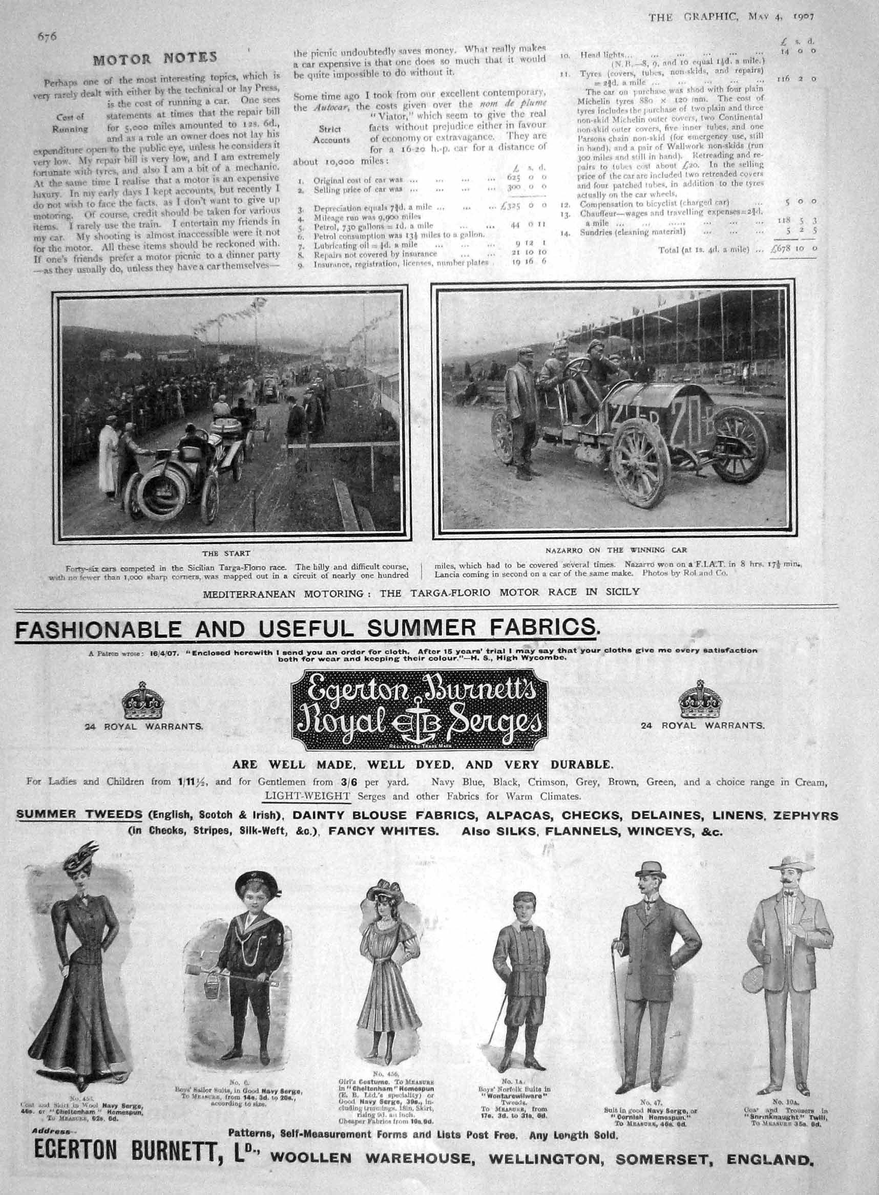 Original Old Antique Print 1907 Targa-Florio Motor Car Race Sicily Nazarro 20th