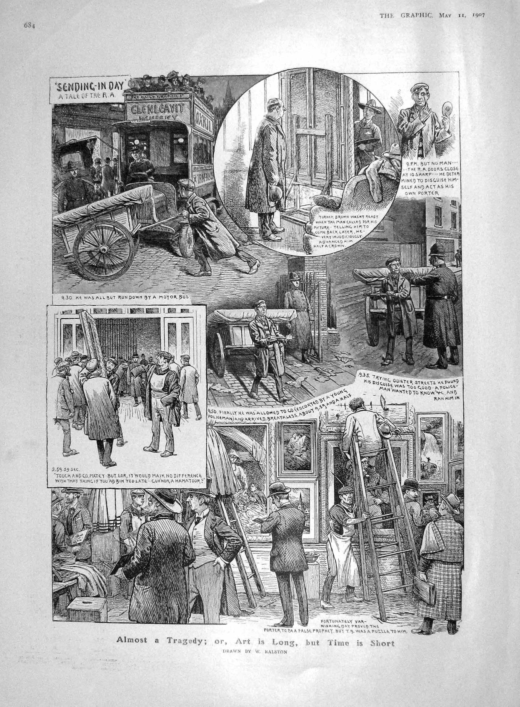 Original Old Antique Print 1907 London Transport Motor Bus Art Gallery 20th