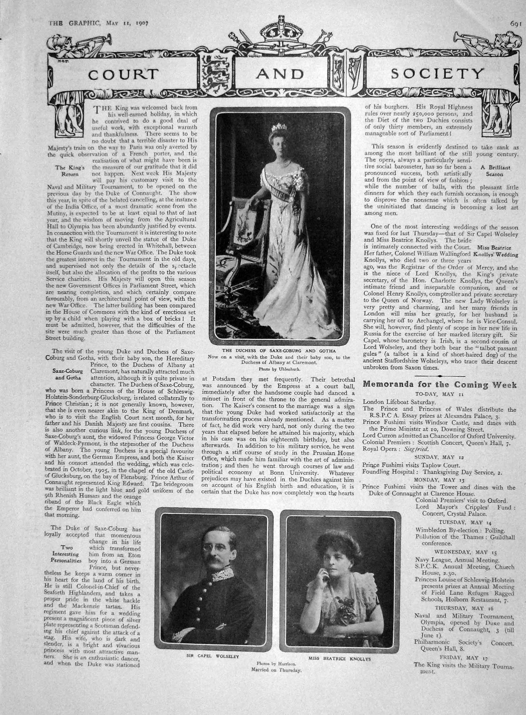 Original Old Antique Print 1907 Duchess Saxe-Coburg Wolseley Knollys Portsmouth