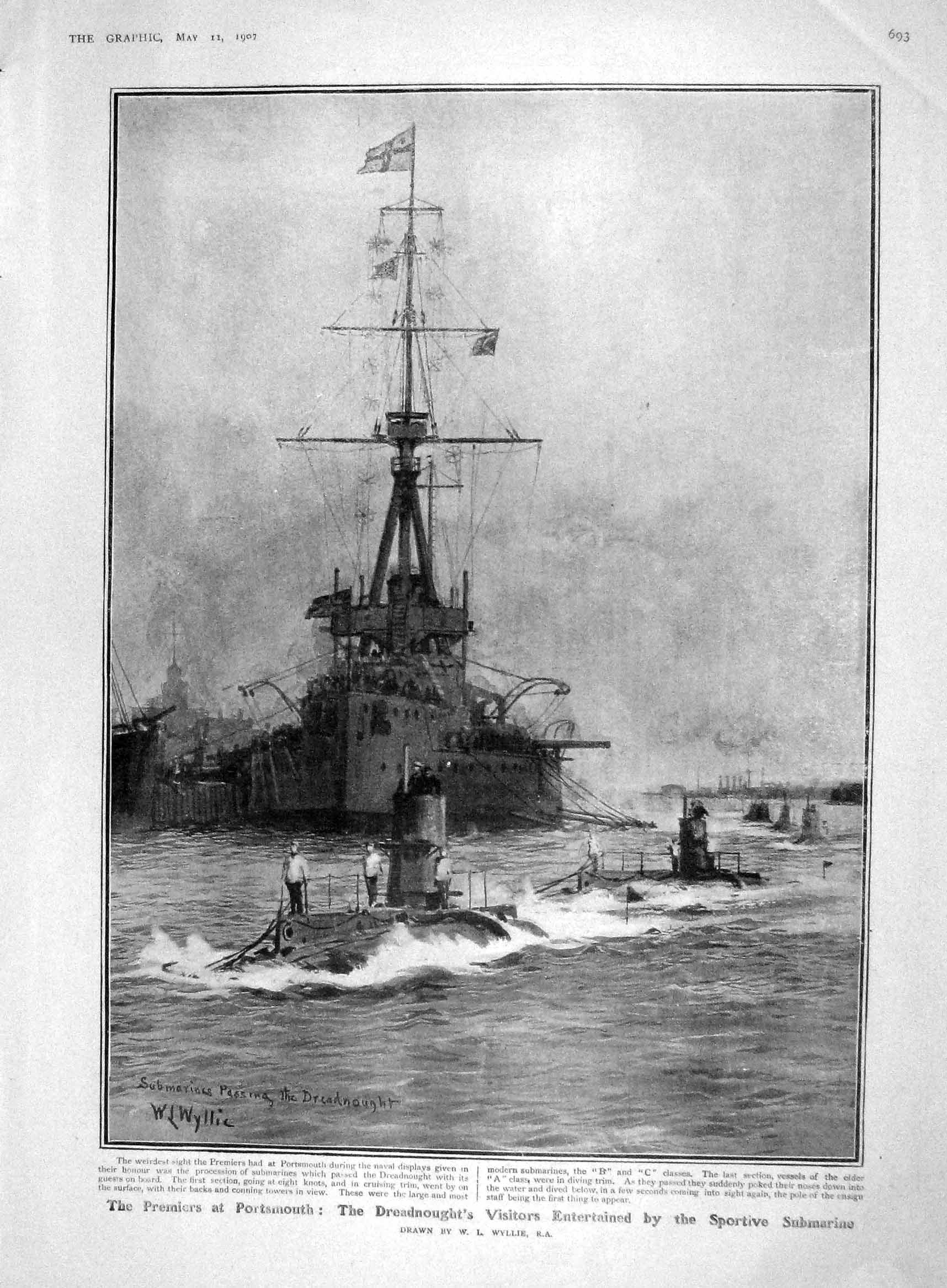 Original Old Antique Print 1907 Ship Dreadnought Submarine Cawdor Newton Crewe
