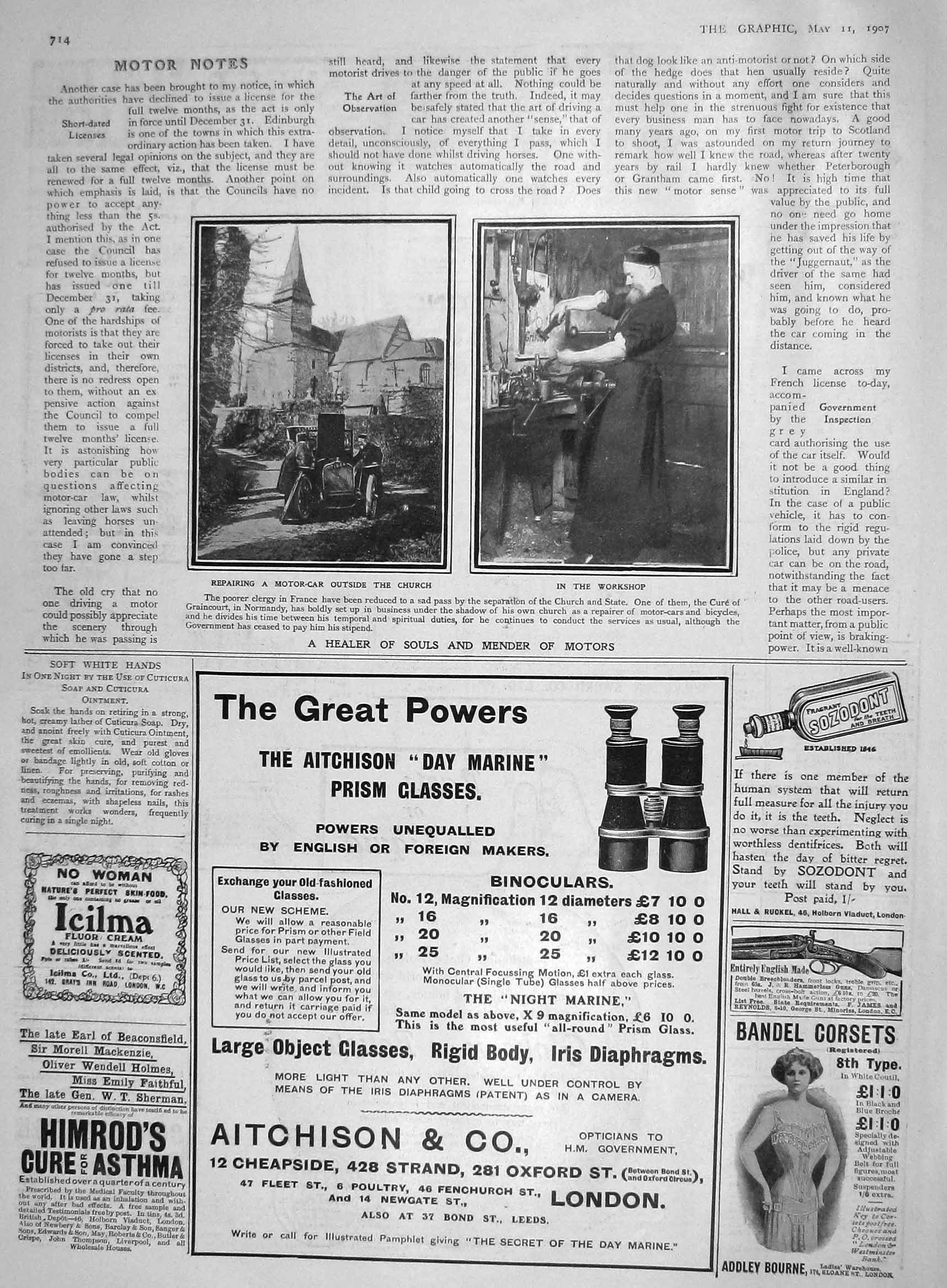 Original Old Antique Print 1907 Motor Car Church Workshop France Binoculars