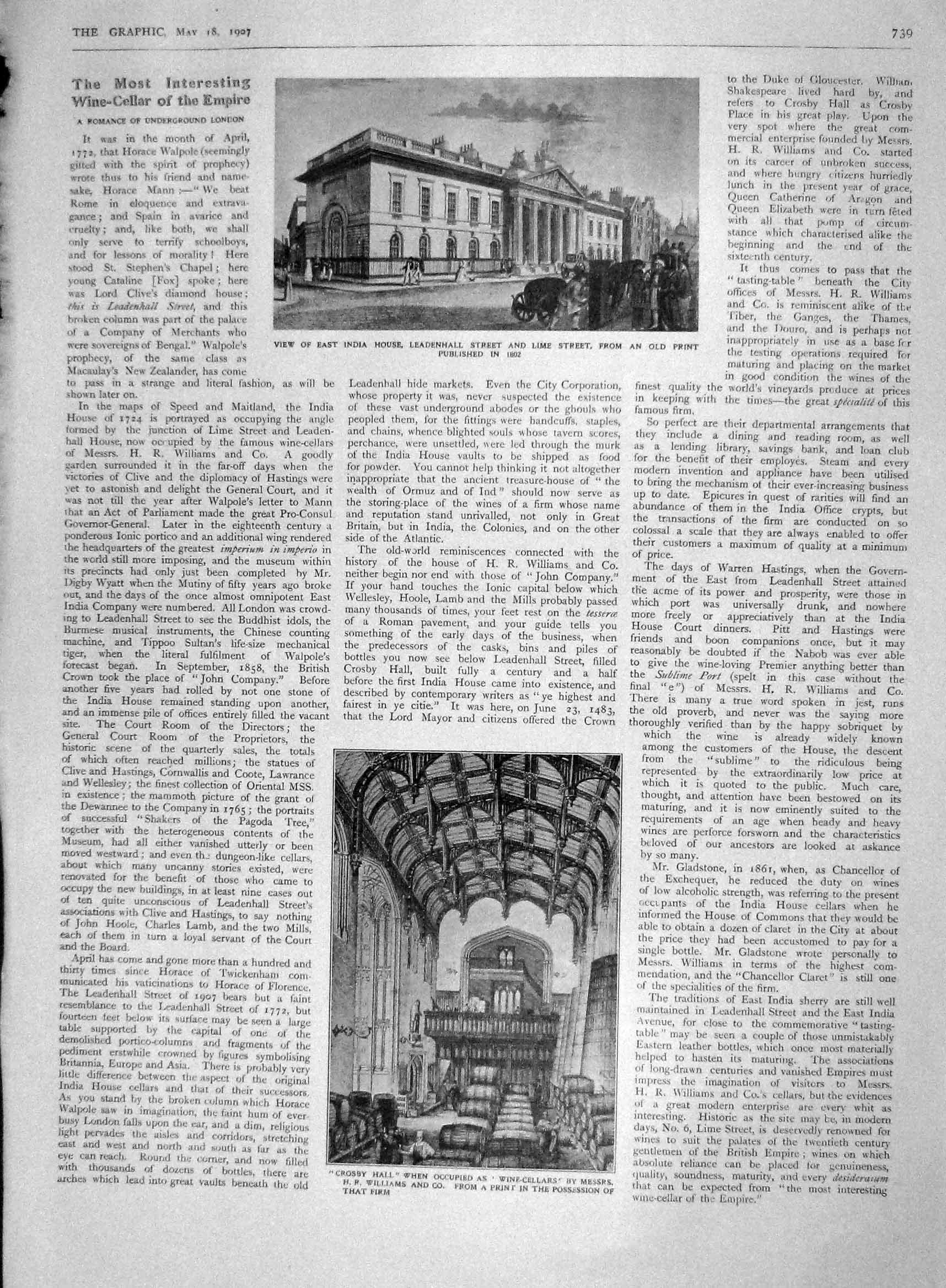 Original Old Antique Print 1907 East India House Leadenhall Street Crosby Hall